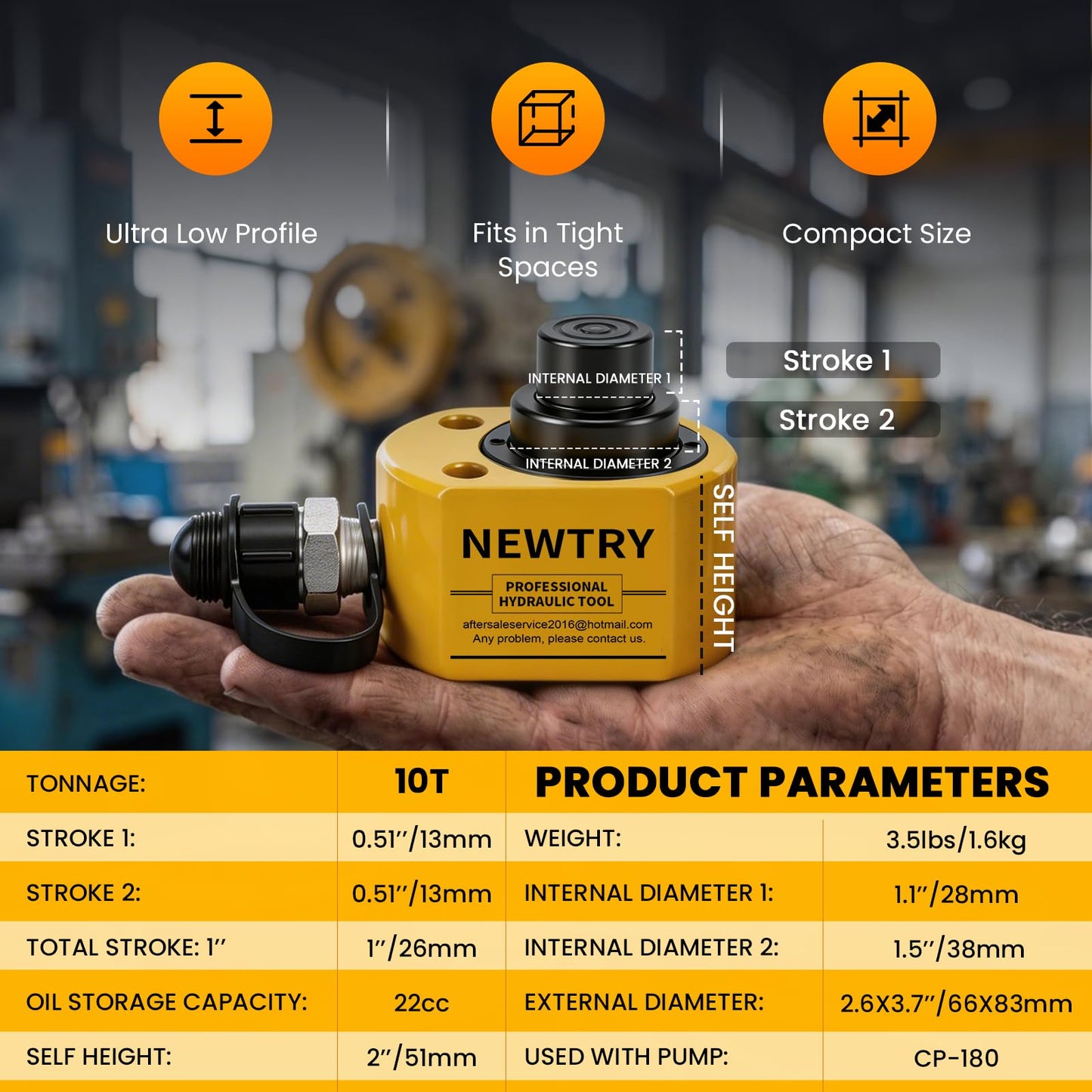 NEWTRY 10T Low Profile Hydraulic Jack Porta Power Kit + CP-180 Manual Hydraulic Hand Pump Multi Section Jack, 1” Stroke Industrial Mini Hydraulic Cylinder