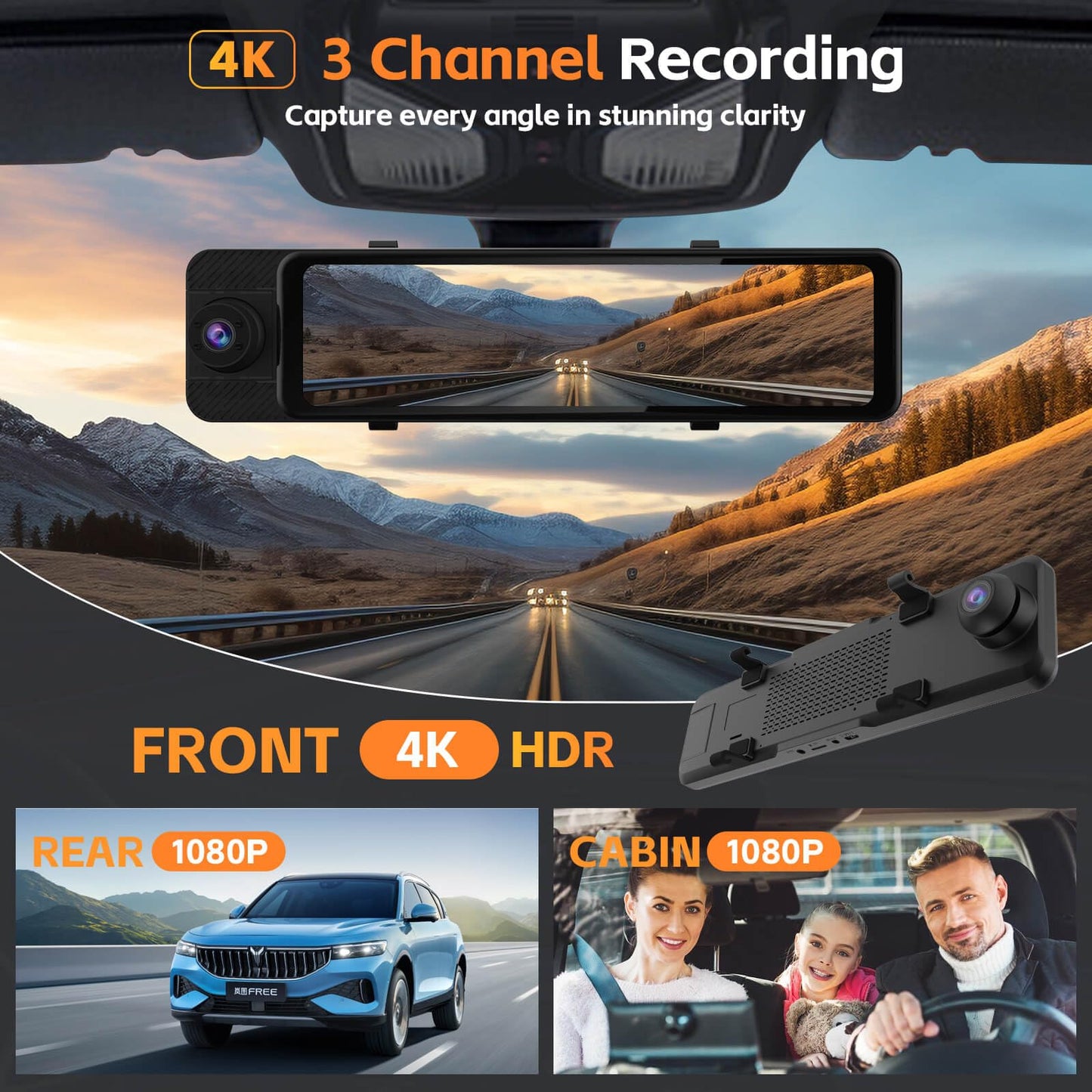3 Channel Rear View Mirror Camera, 4K+1080P+1080P Front Inside and Rear Car Camera, 12" Touch Screen Backup Camera with 5GHz WiFi GPS, 24H Parking Mode, HDR Night Vision, G Sensor, Free 128G Card