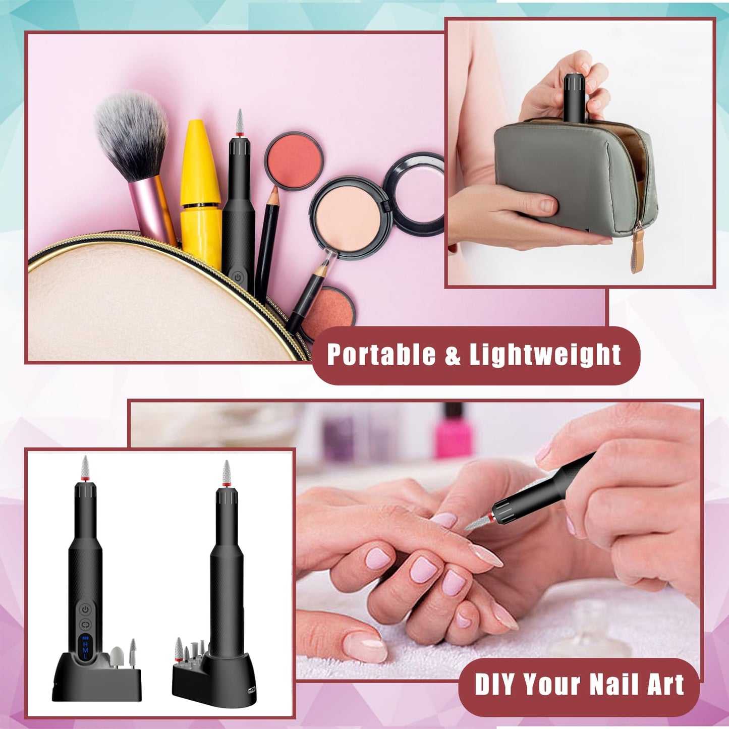 Pinkiou Cordless Electric Nail Drill - 20000RPM Professional Efile Nail Machine with Wireless Charging Base, Portable Rechargeable Nail File Kit for Acrylic, Gel Nails, Manicure & Pedicure at Home