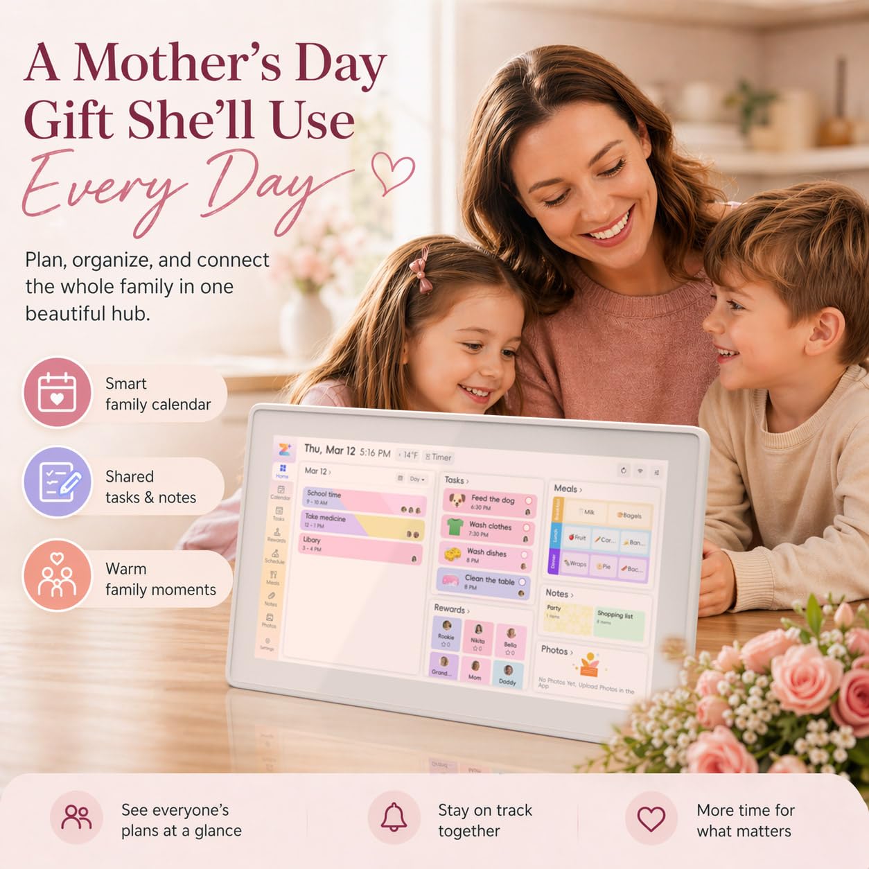 OWNCOZY 15.6 Inch Wall Planner Digital Calendar & Chore Chart, Smart Touchscreen Interactive Family Schedule Display with Electronic Photo Album, Wall-Mounted Smart Home Organizer for Daily Tasks, Appointments & Photo Slideshow, White