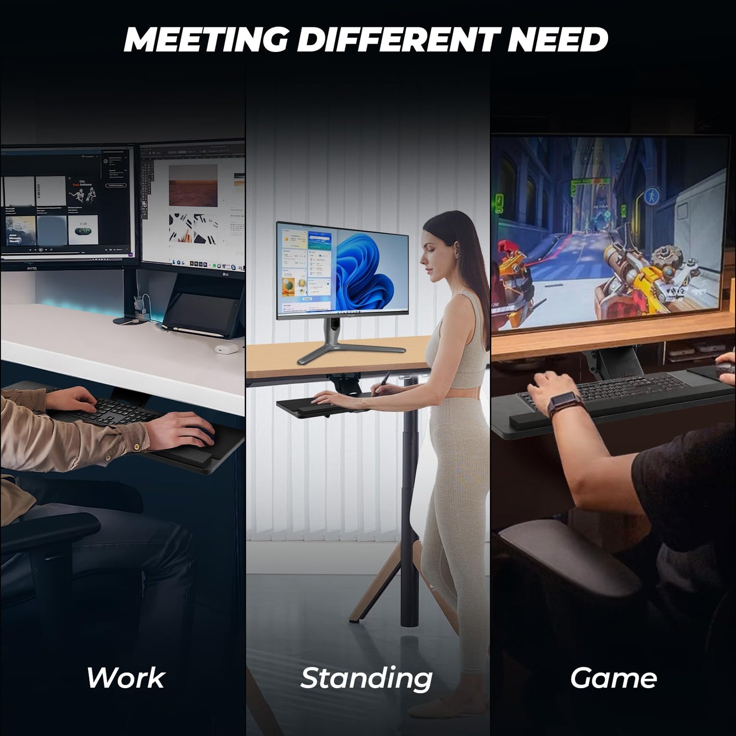 Keyboard Tray Under Desk๏ผ 360ยฐ Adjustable Slide Out Keyboard Tray Under Desk with Mouse Pad & Wrist Rest๏ผErgonomic Large Size Keypad Tray Holder๏ผ Suitable for Office/Game/Home