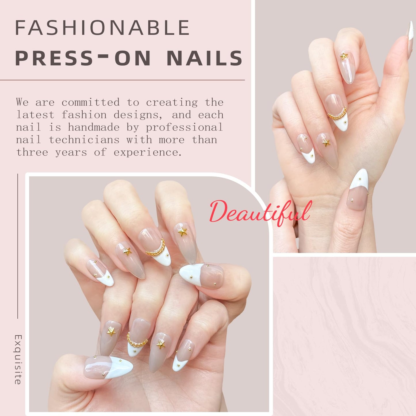 Handmade Press On Nails Medium Almond Shape - 3D Gold Metallic Embellished White French Manicure False Nails, Minimalist Spring & Summer Design | Salon Quality Reusable Fake Nails (10PCS-M)