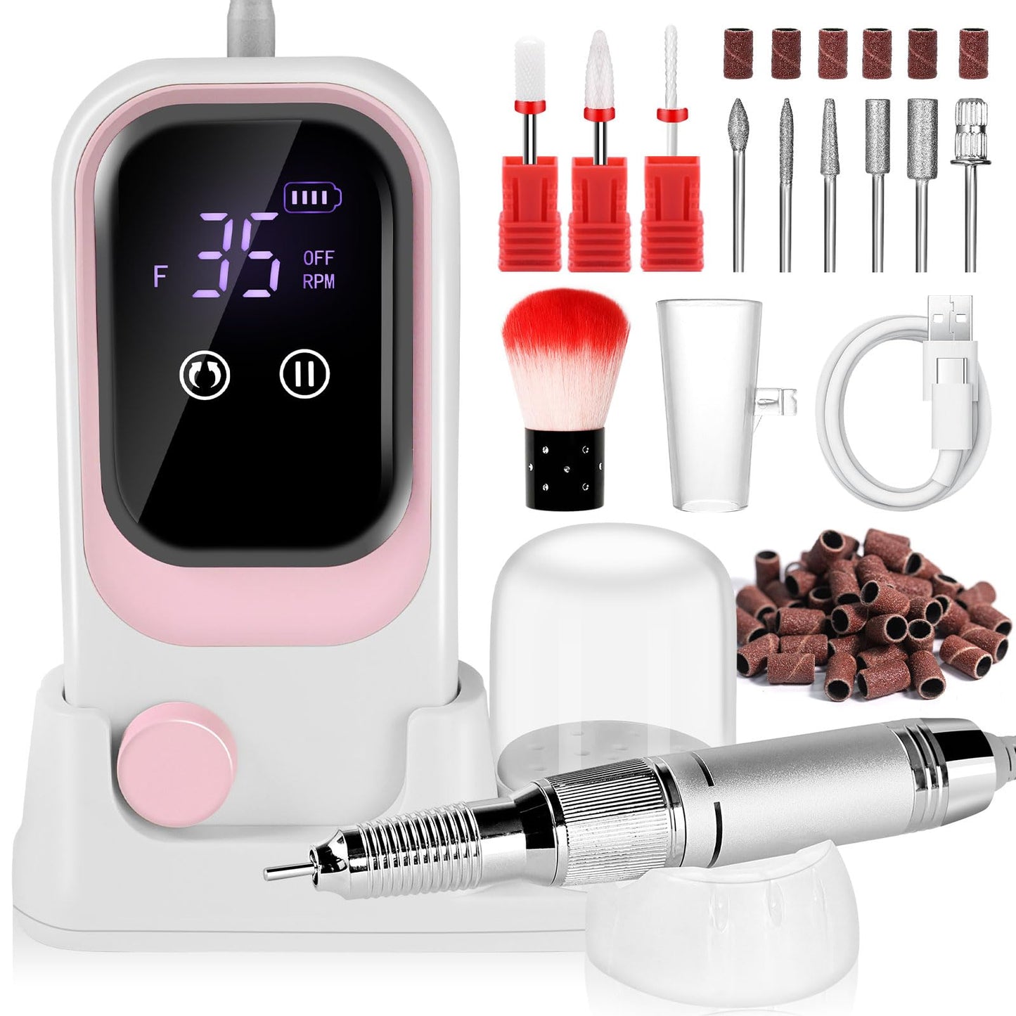 LIMEGIRL Electric File Nail Drill Professional 35000RPM Pink Nail File with Rechargeable Base & Bits Nail Drill Bit Nail Files and Buffers for Acrylic Nail Remove Nail Tech Must Haves for Salon Home