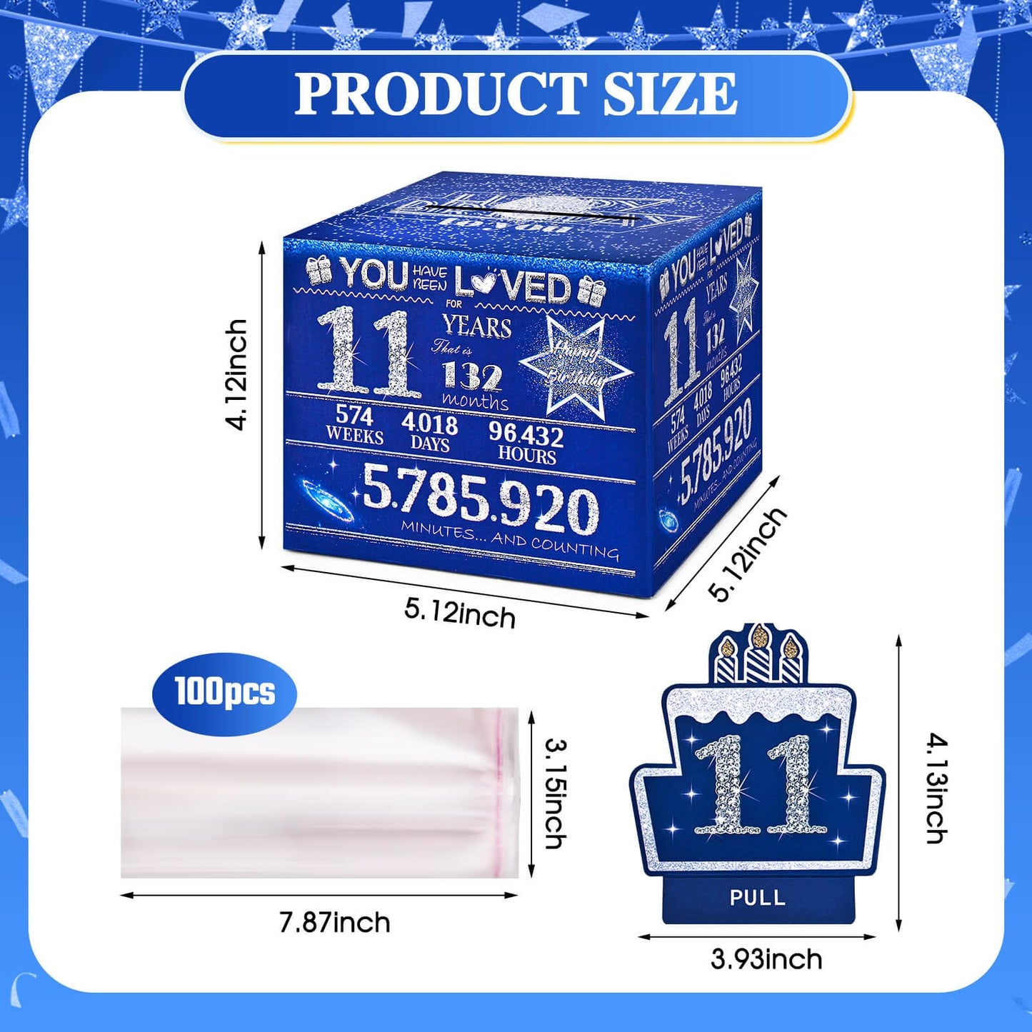TOYEISHI 11 Happy Birthday Money Box for Cash Gift, 11th Birthday Decorations for Boys and Girls, Gifts for 11 Year Old Boy, Boy Gift Ideas, Cool Things for Teen -Blue with 100PCS Bags