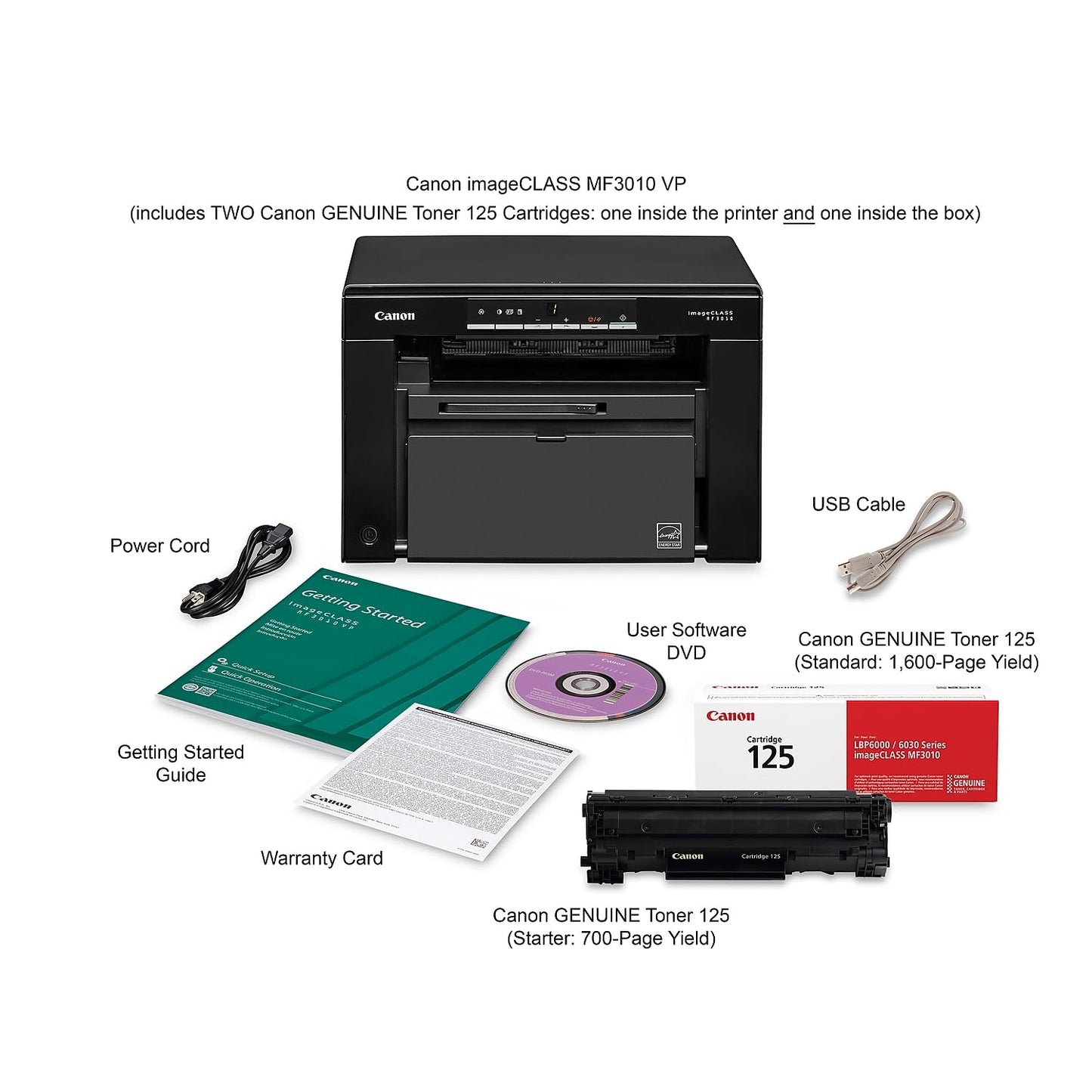 Canon imageCLASS MF3010 VP - Wired Monochrome Multifunction Laser Printer with Scanner, Copier, USB Cable Included, Up To 2,300 Page Toner Yield in Box, 19 PPM, Black