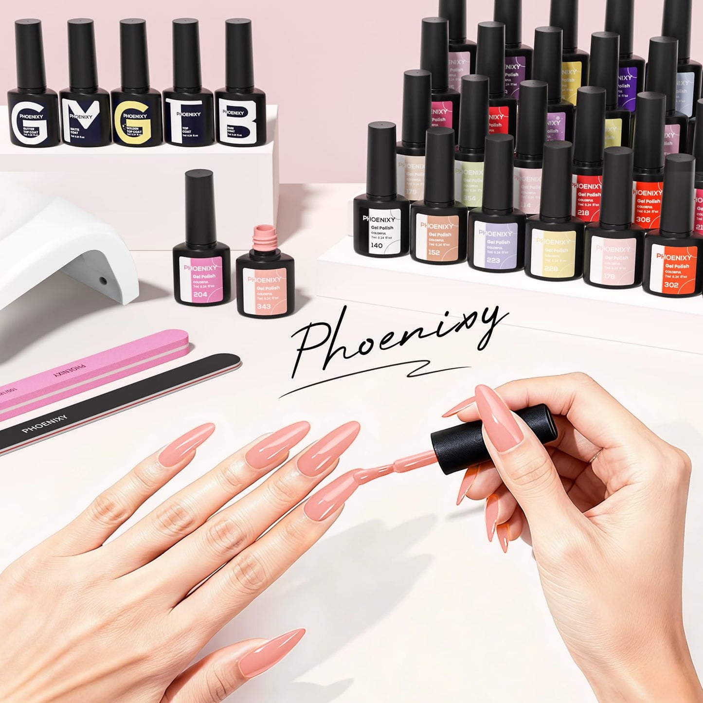 Phoenixy 71 Pcs Gel Nail Kit, 55 Colors Gel Nail Polish Kit with U V Light 5 Pcs Base and Top Coat Beginners Manicure Tools DIY Manicure Set Women's Valentine Gift Idea