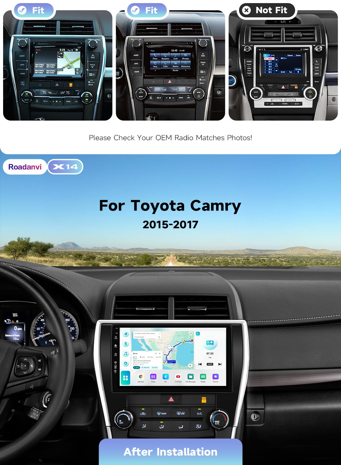 Roadanvi Android 14 6G+128G Car Radio for Toyota Camry 2015 2016 2017 Wireless Carplay Android Auto Car Stereo GPS Navigation WiFi 4G LTE 10.2" QLED Touch Screen Head Unit Bluetooth 5.2 DTS X14