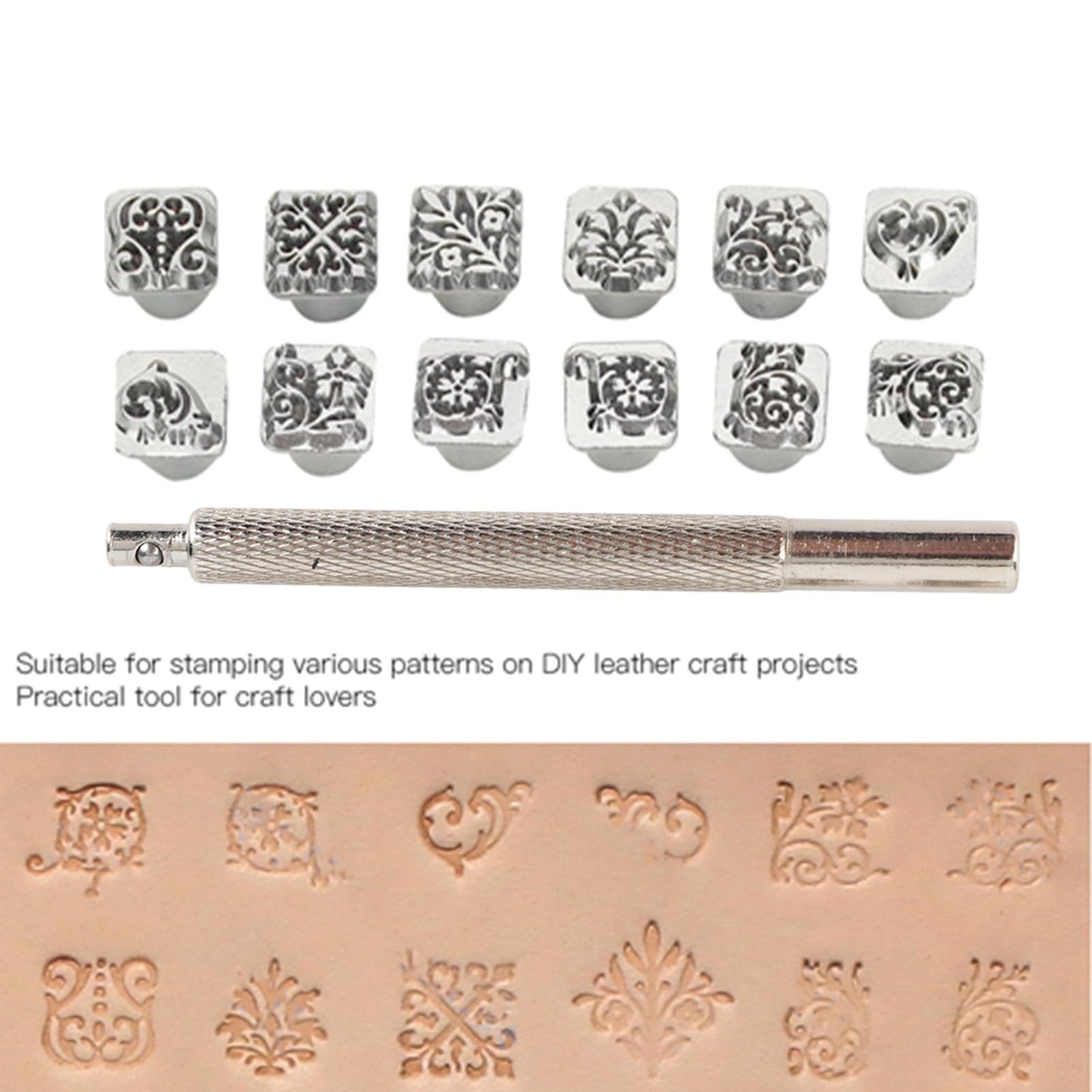 12PCS Leather Stamping Tools, 12 Patterns Zinc Alloy Leather Craft Stamps Punch Set Tool, Flower Design Leather Stamper for Leather Craft DIY Jewelry Marking