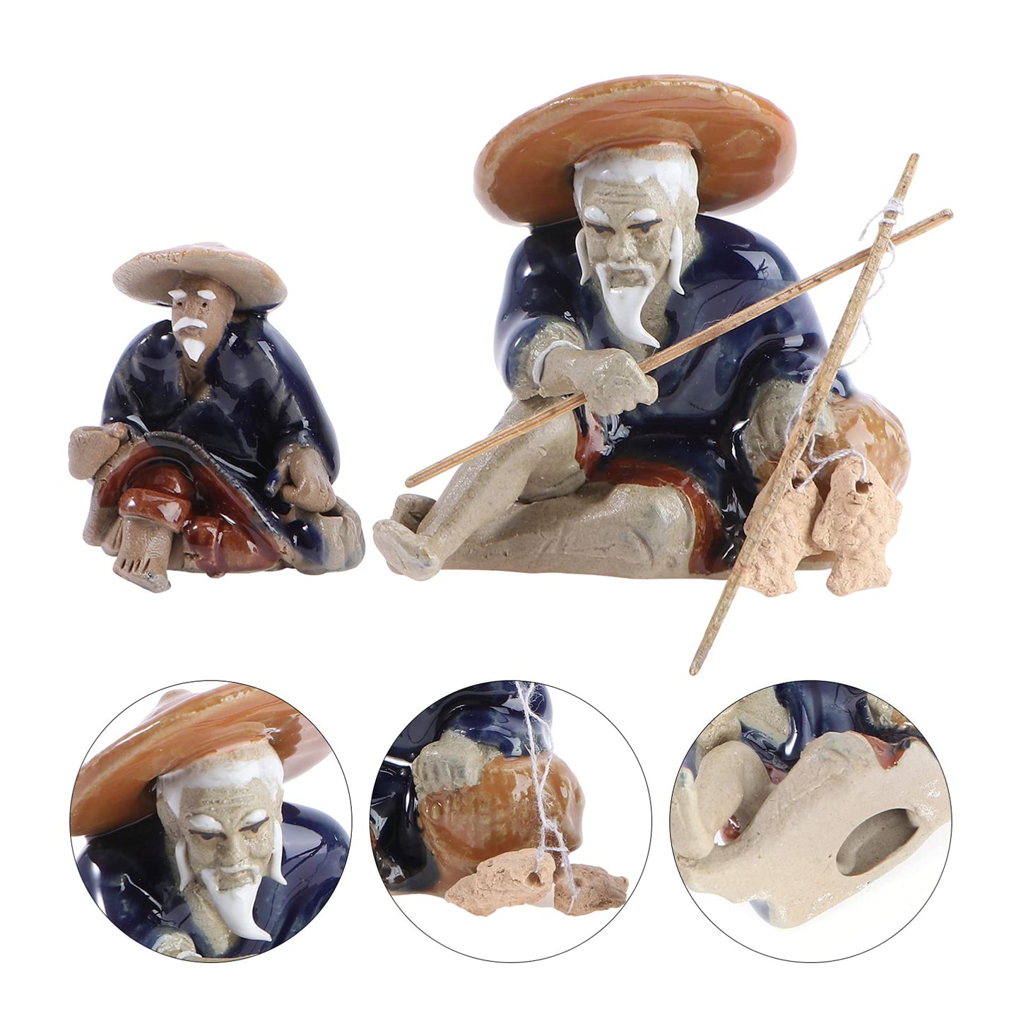 2Pcs Bonsai Collection Miniature Fisherman Figurines Ceramic Japanese Garden Decor, Mini Fishing Garden Statue, Fish Tank Landscape Ornament, Little Old Man Figure for Bonsai, Grey Brown