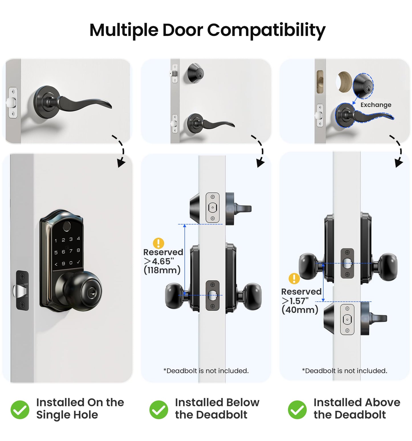 Veise VE018 Smart Knob Handle Lock - Fingerprint, App Control, Keyless Entry for Front Door and Bedroom, Electronic Digital Keypad, Auto Lock, Remote Access Sharing, IP55 Weatherproof, Matte Black