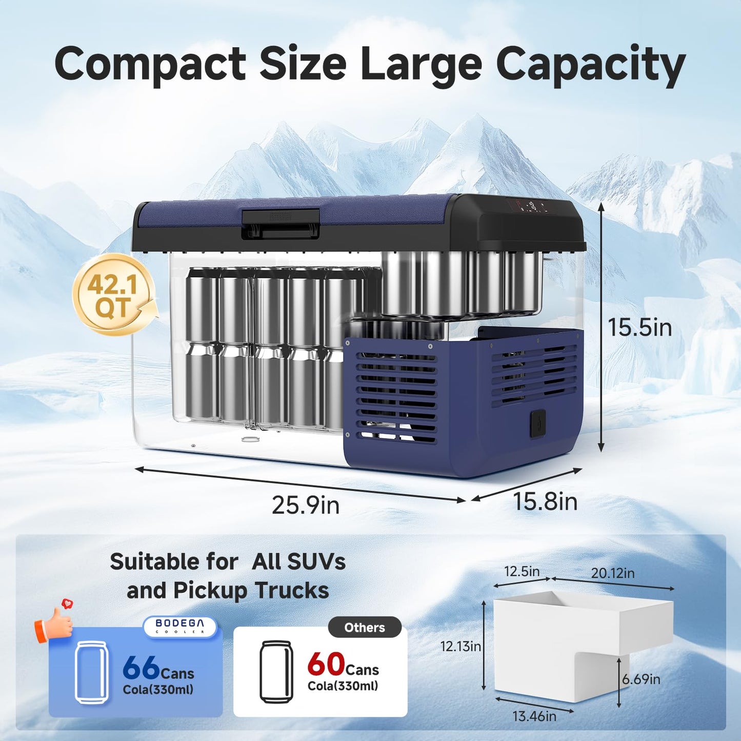 BODEGACOOLER 12 Volt Car Refrigerator, 42QT(40L) IPX4 Waterproof Electric Cooler, 31dB Ultra-Quiet Car Fridge APP Control with 12/24V DC 110-240V AC, -4โ~68โ, Portable for Truck RV Camping, Travel