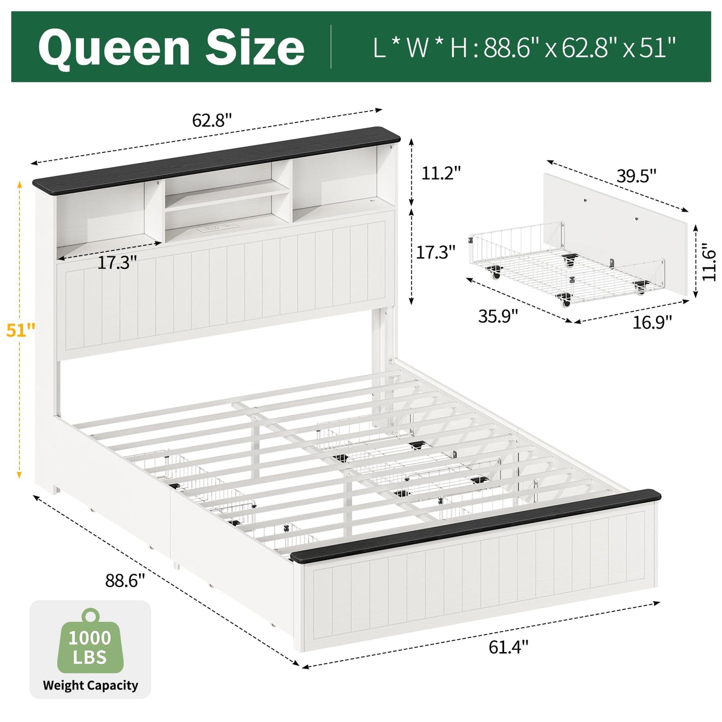 Yoobure Queen Bed Frame with Headboard - Farmhouse Wood Bed Frames Queen Size with 4 Storage Drawers, Platform Beds with Charging Station & LED Light, No Noise Double Bedframe, No Box Spring Needed