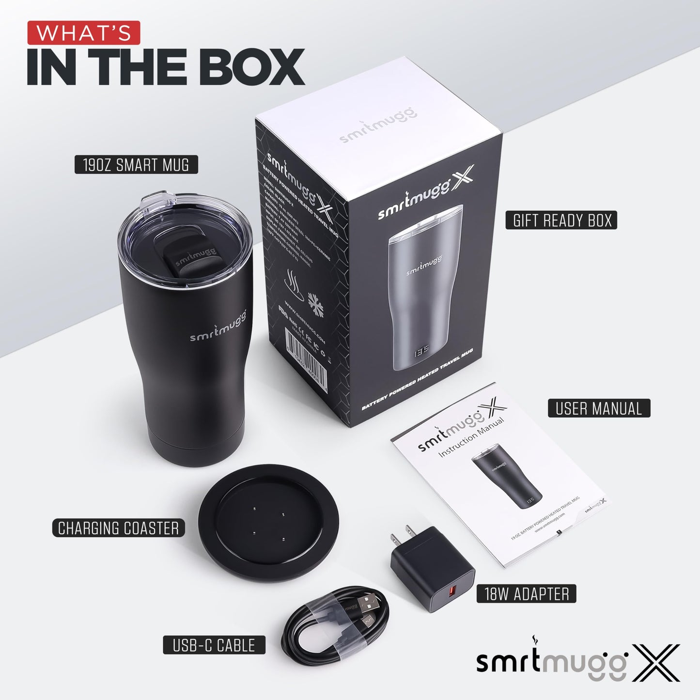 SMRTMUGG X Heated Coffee Mug 19 oz., 8 Hour Battery Life, Self-Heating, Adjustable Temp Controlled, LCD Screen, One Button Temperature Adjustment, Includes Cover with Magnetic Slider (Black) (Black)