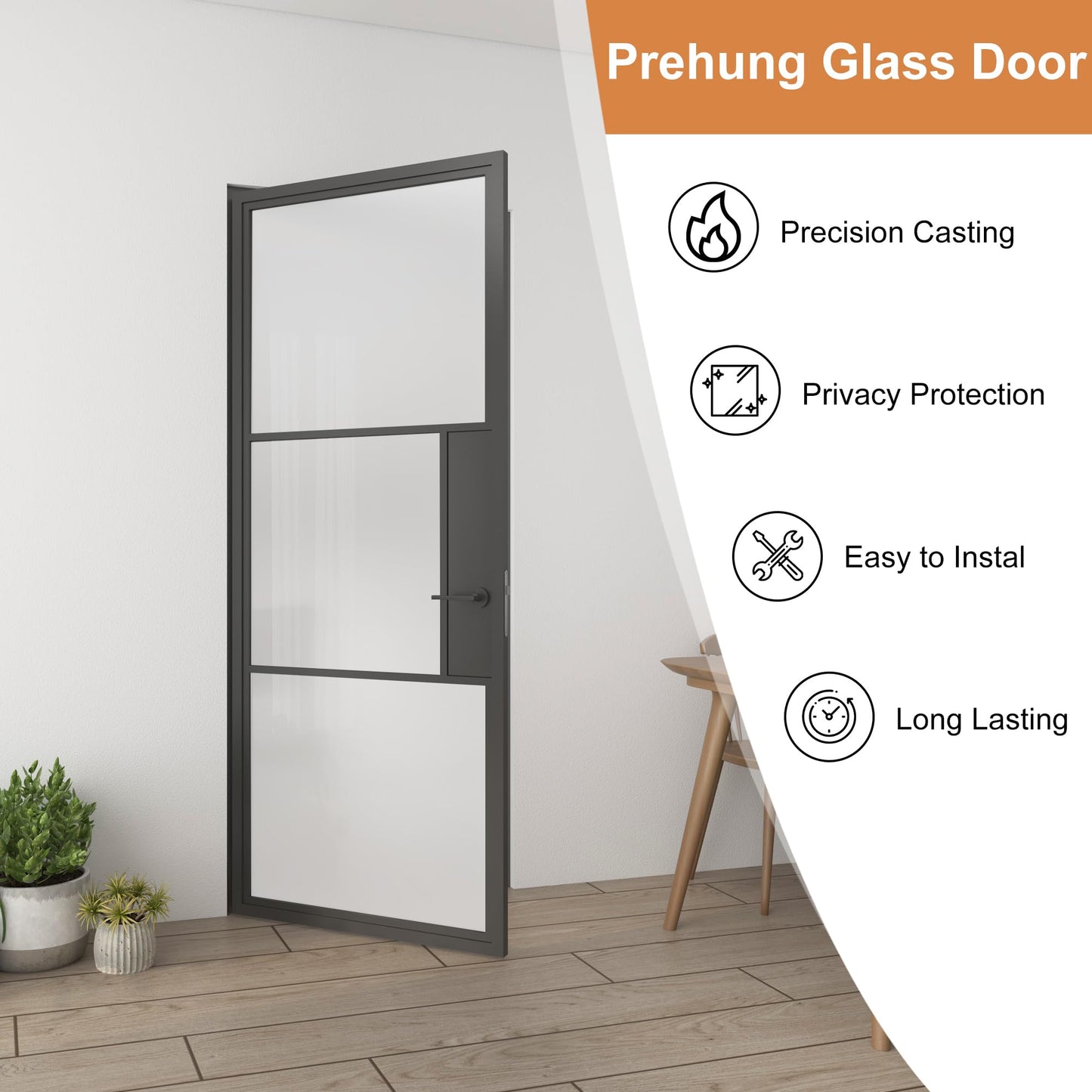 Jubest Prehung Door, 36" x 84", Interior Hollow Swing Metal Frame Frosted Glass, Pre-Assembled, Easy to Install, Left-Hand