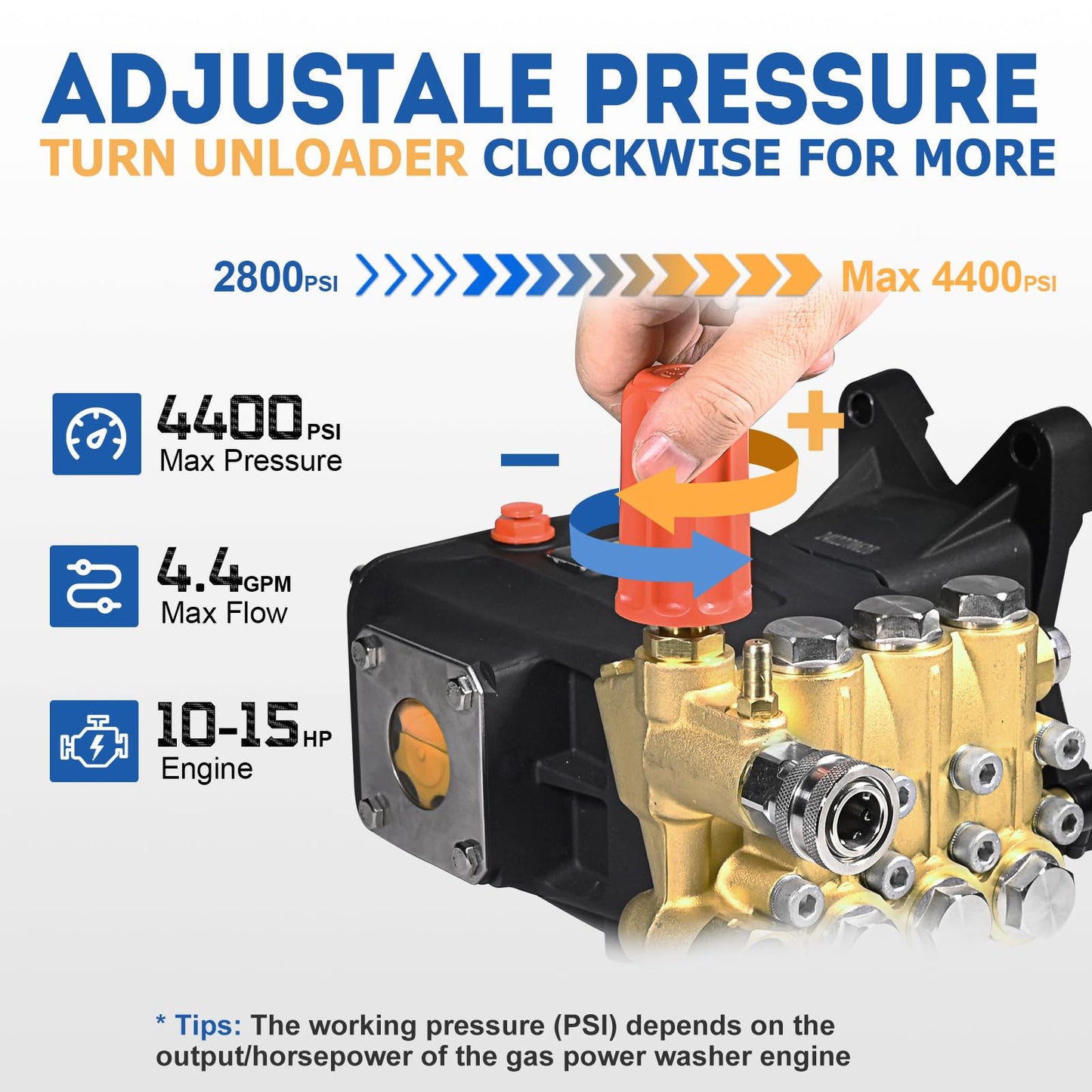 TOOLCY Pressure Washer Pump 3600-4400 PSI Max 4.4 GPM, 1 inch Shaft Horizontal Triplex Plunger Power Washer Pump Replacement, Direct Drive Pressure Pump with Unloader, 5 Nozzle Tips, M22-14mm Adapter