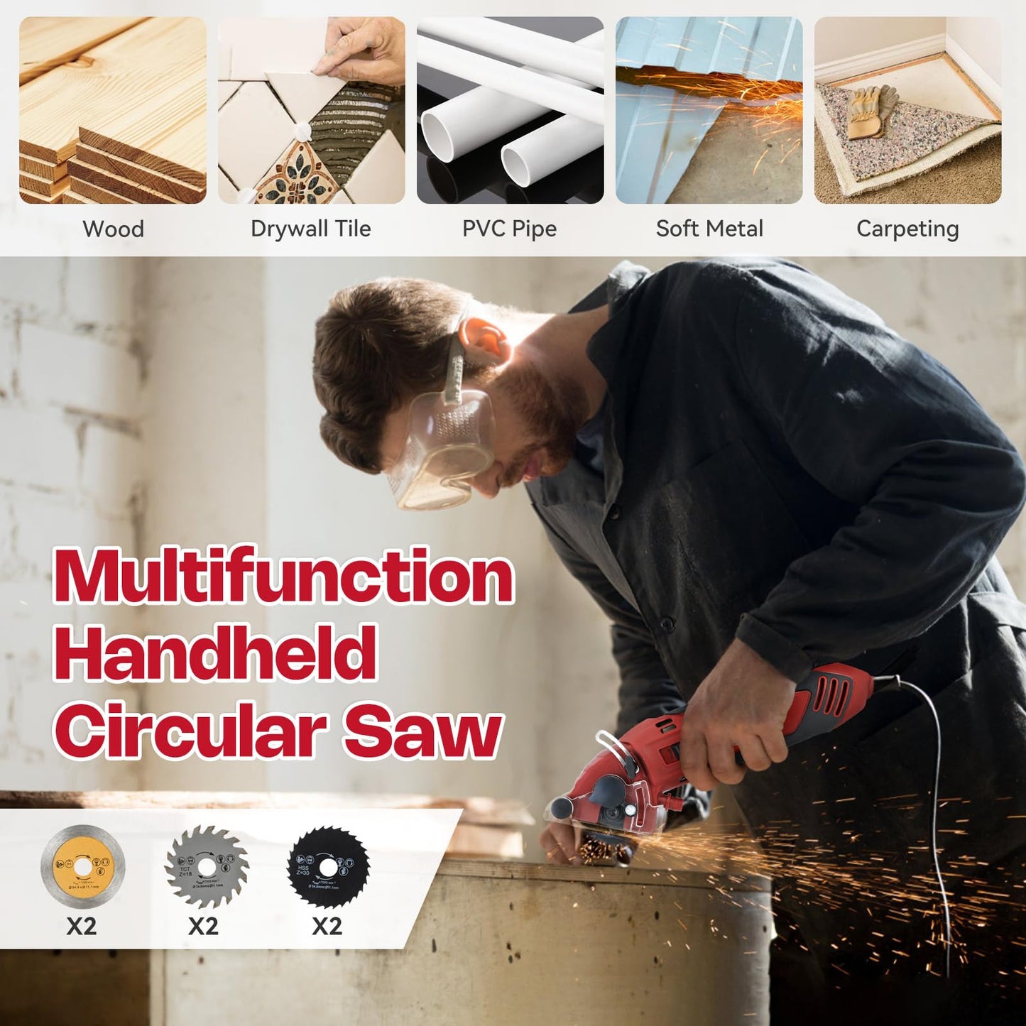 Corded Mini Circular Saw, 400W 110V 3400RMP Multifunction Handheld with 6 Blades Max Cutting Depth ½ Inch, Compact Small Circular Saw for Wood Drywall Tile PVC Pipe Soft Metal
