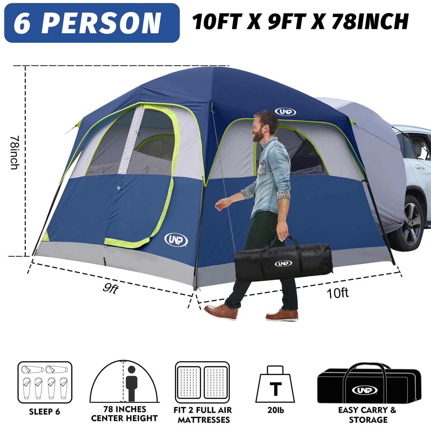 UNP SUV Tent for Camping, 6-Person Car Camping Tents, SUV Tailgate Tent for Outdoor, Easy Set Up with Rainfly 10'x9'x78in(H) (Dark Blue)
