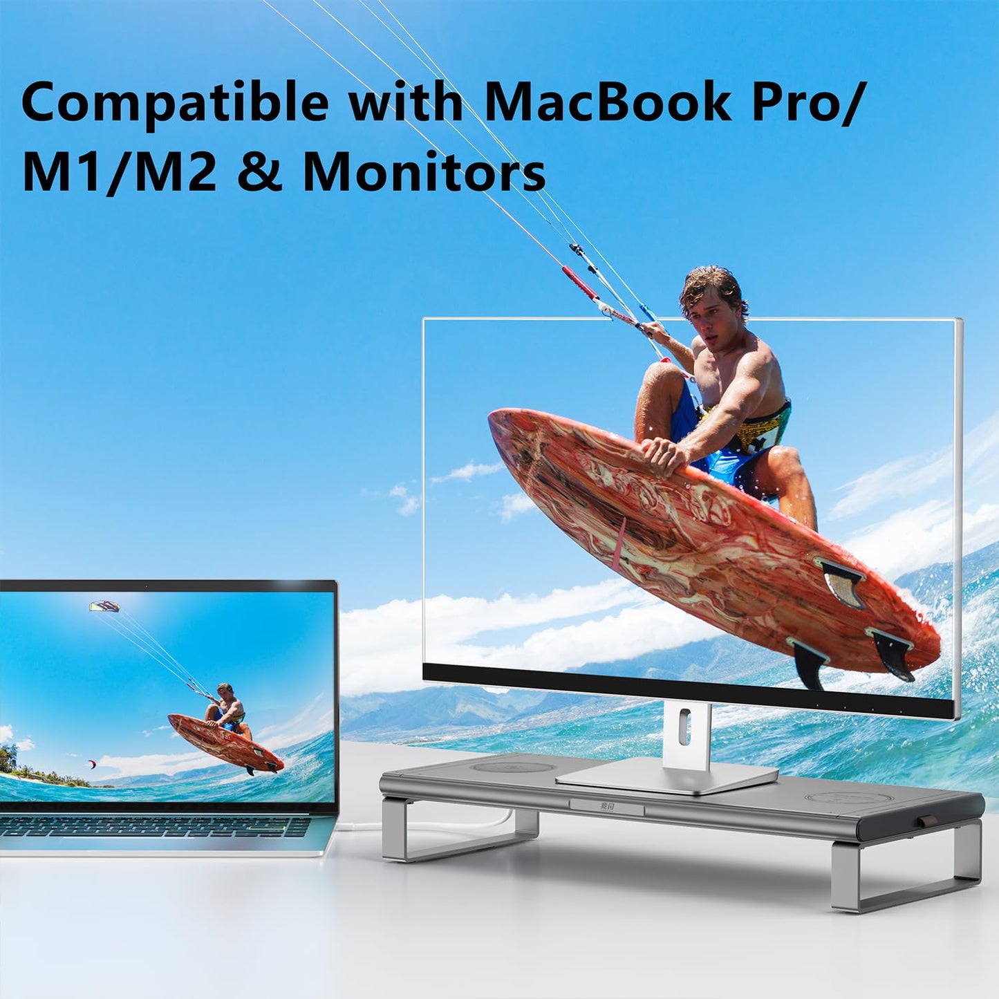JINRAIKO Monitor Stand with Docking Station, Aluminum Monitor Riser with 6-in-1 Docking Station: 4K HDMI, USB-C, USB 3.0, PD 100W, Wireless Charging,Metal Desk Stand with Storage-Silver Gray