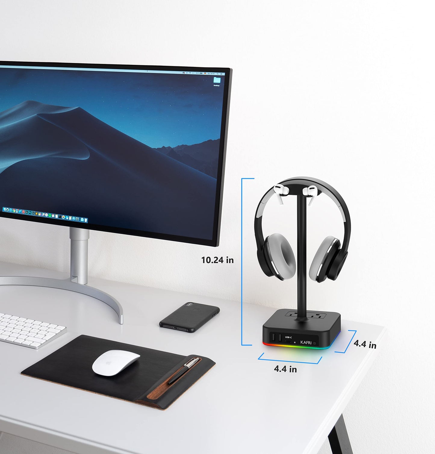 KAFRI RGB Headphone Stand with USB A&C Charger Desk Gaming Headset Holder Hanger Rack with 3 USB Charging Port and 2 Outlet - Suitable for Gamer Desktop Table Game Earphone Accessories Boyfriend Gifts