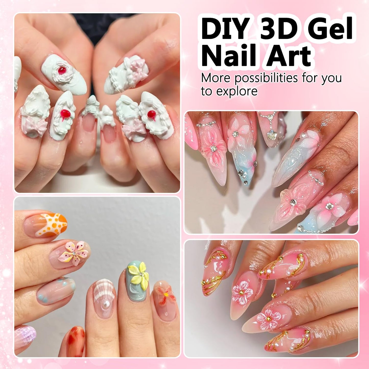 Fcozpjk 3D Gel Nail Art for Nails Starter Kit: 15ML Clear and White 3D Sculpting Gel with 3PCS Silicone Flowers Nail Charm Molds Gold Silver Chrome Powder Ombre Sponges Salon Supplies DIY Manicure