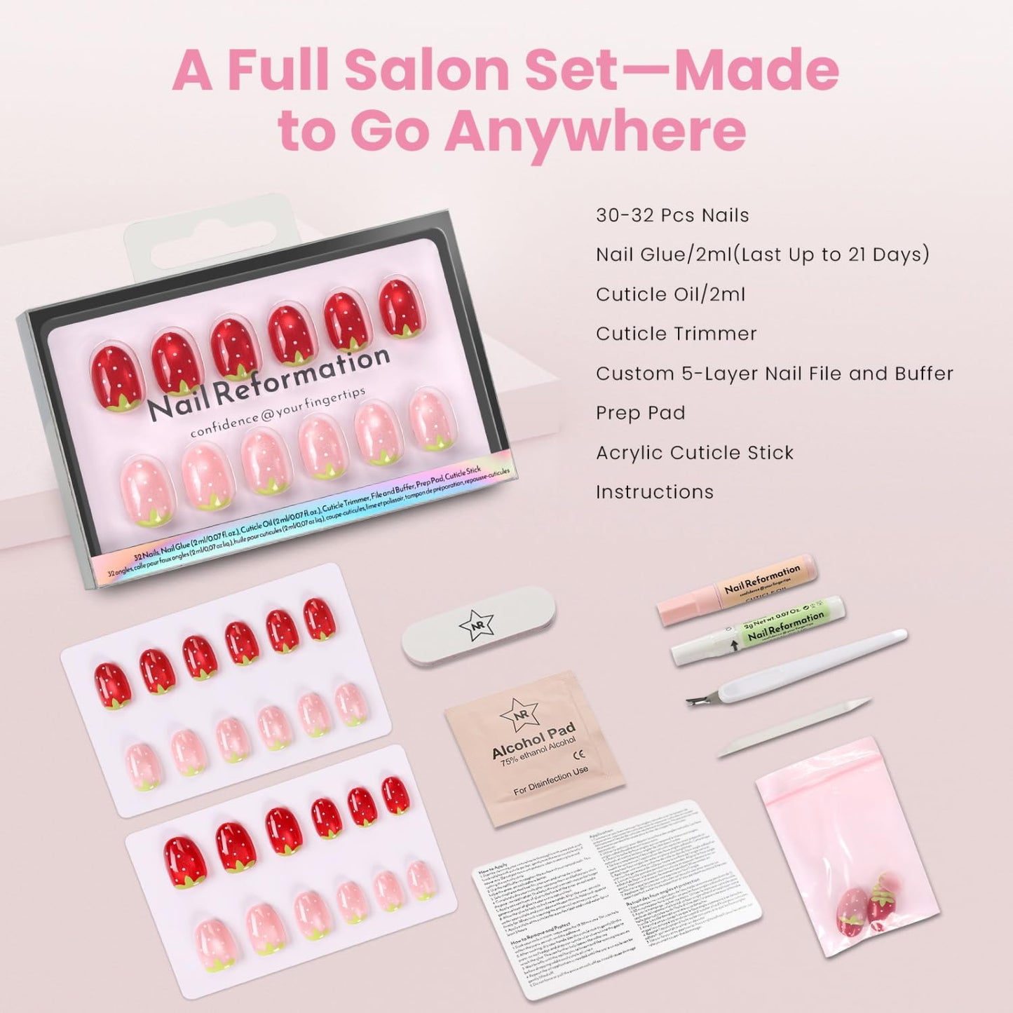 Nail Reformation Press On Nails, Strawberry Candy | Red & Pink Extra Short Round Fake Nails with Velvet Cat Eye Shimmer, Reusable Stick On Nails Kit - 32 Pcs in 16 Sizes, Manicure Gifts for Women
