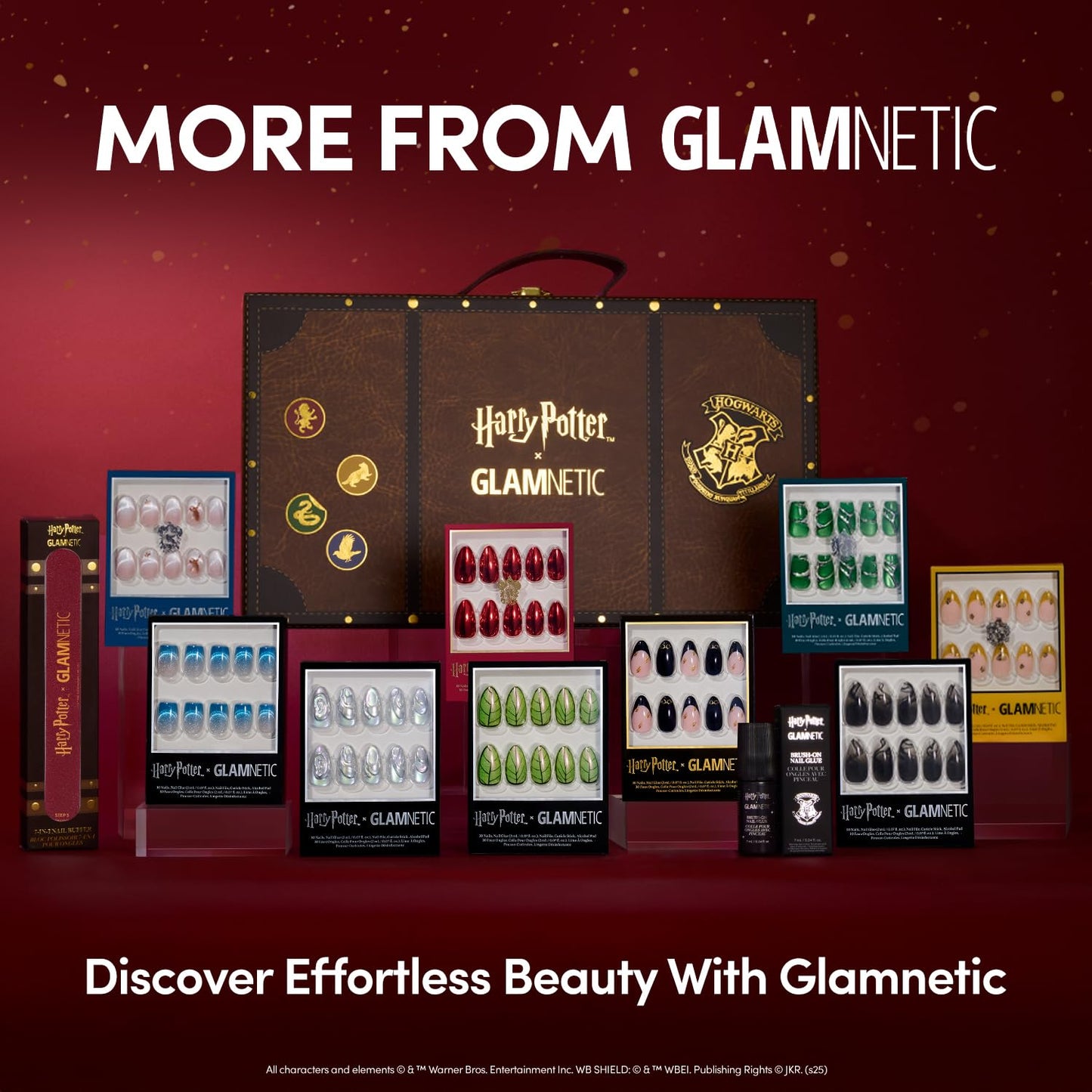 Glamnetic Press On Nails x Harry Potter™ - Salazar Slytherin™ | Medium Coffin Fake Nails with 3D Silver Design & Velvet Finish, Salon Quality Officially Licensed | 15 Sizes - 30 Nail Kit with Glue