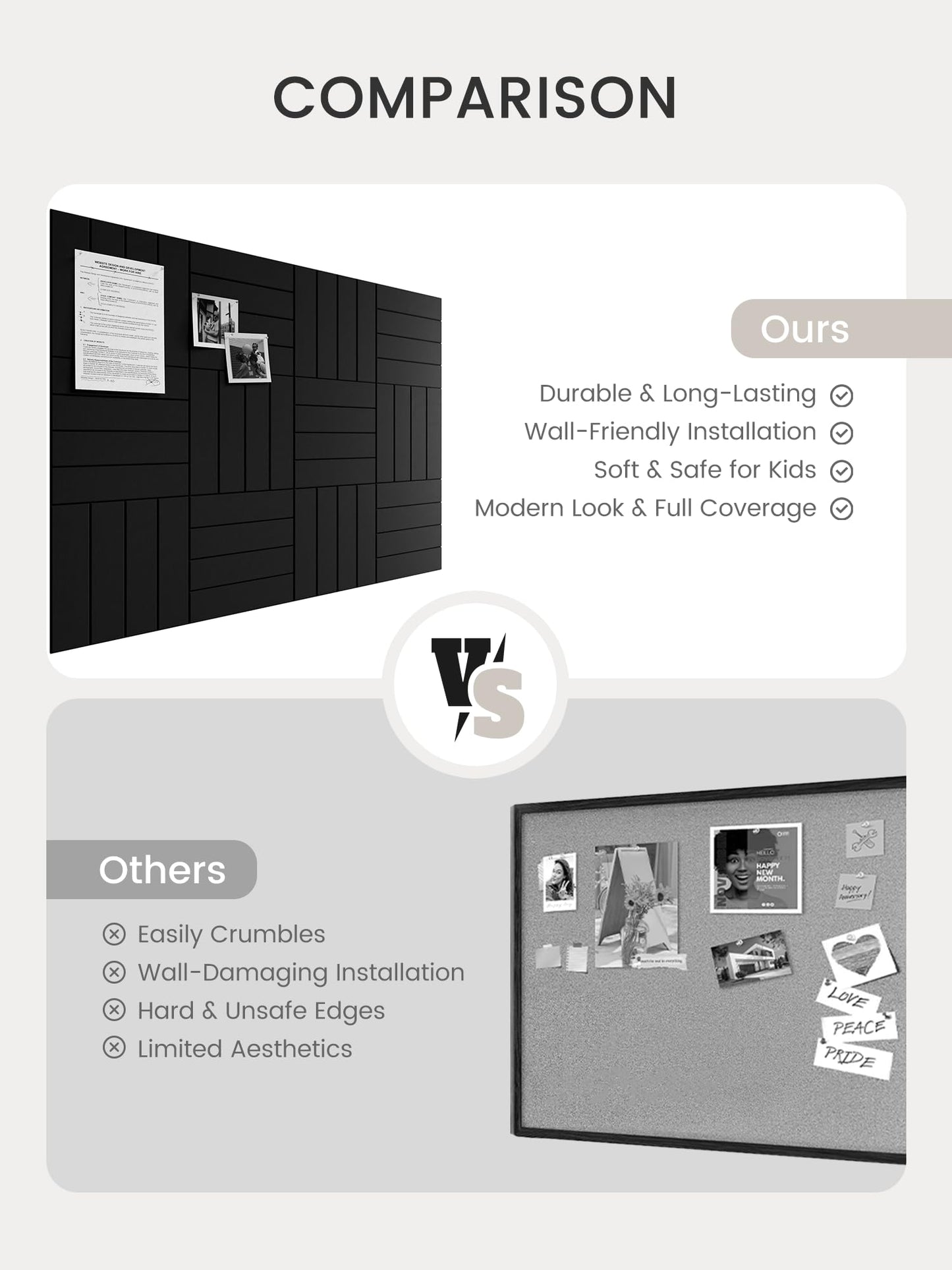 Bumusty Large Cork Board Alternative-48 x 36" Felt Bulletin Board Tiles, with 30 Pushpins, 70 Adhesive Tabs, Bold-Stripe 12-Pack, Cork Boards for Office Push Pin Board Felt Board-Black