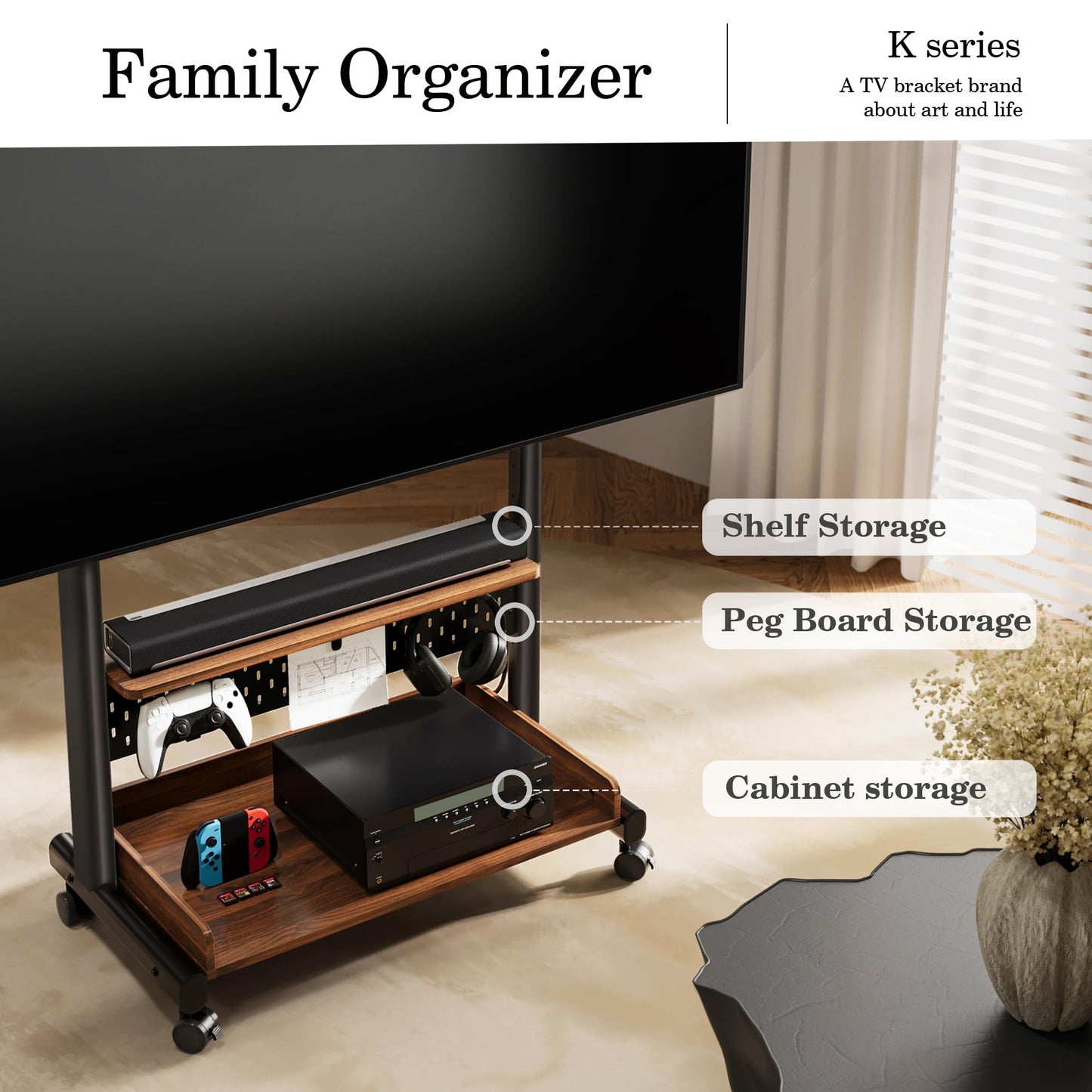 FITUEYES Rolling TV Stand Mount for 40 to 85 TVs,Mobile TV Floor Stand on Wheels with Large Storage Pegboard & Wooden Shelf,Heavy Duty TV Cart Hold Up to 132 lbs for Bedroom, Living Room, Office