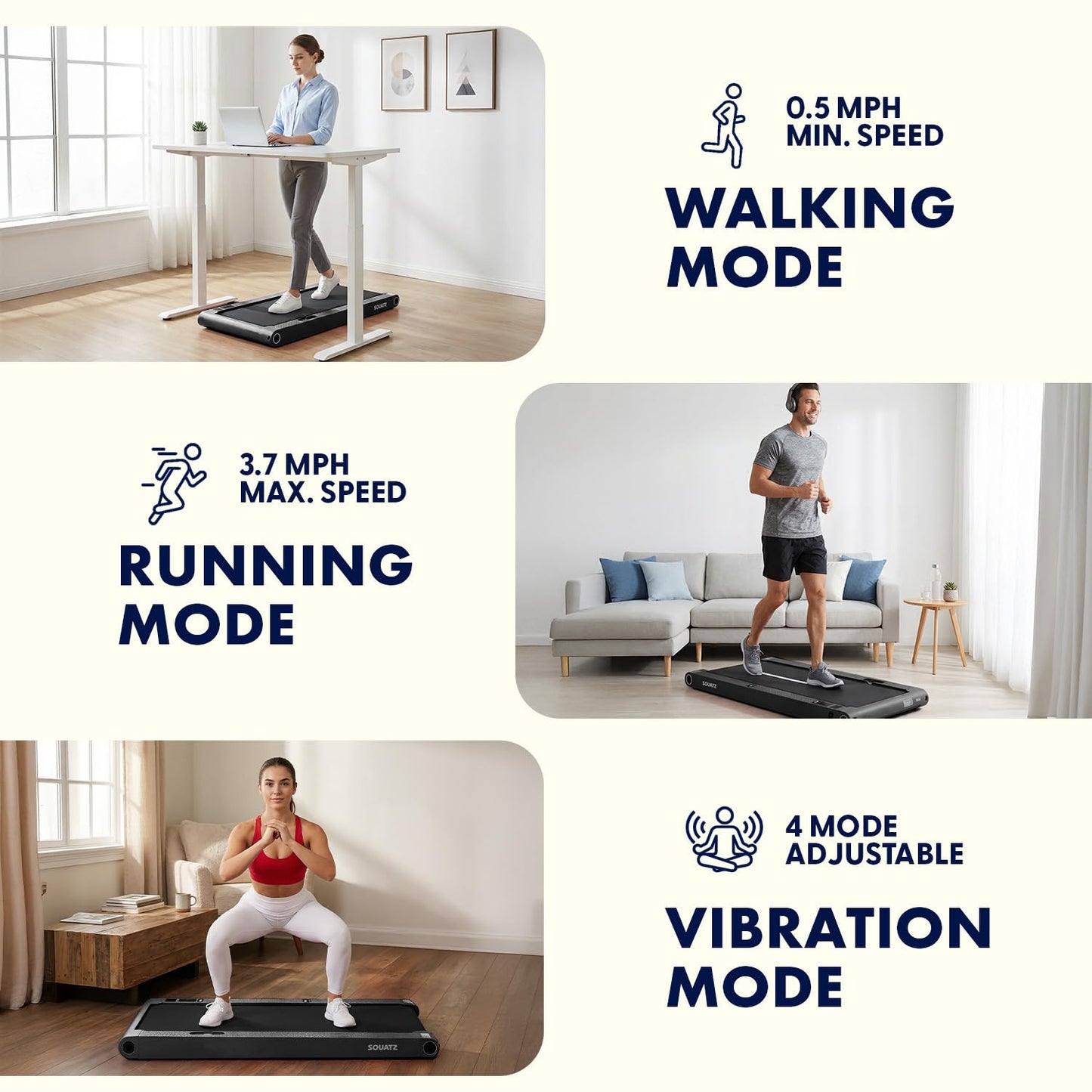 Squatz 2-in-1 Walking Pad Treadmill with Vibration Plates, Compact Under Desk Walking Pad with Remote Control, LED Display, Non-Slip Belt, Quiet 1.0HP Motor for Home or Office Workout (Black)