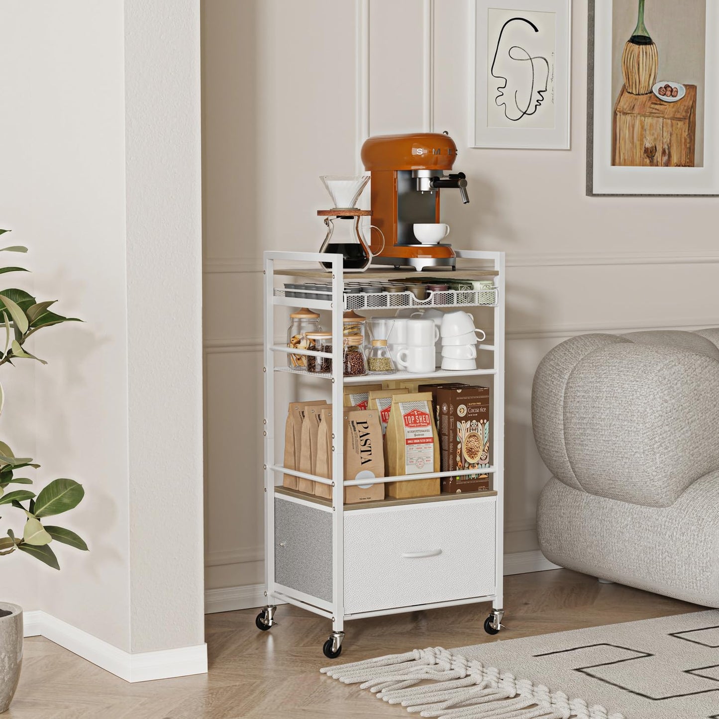 Lurgno Coffee Bar Cabinet with Storage,5 Tier Coffee Station Table on Wheels, 33.6" H Cart with Drawer for Home Kitchen, Liquor Buffet Sideboard Cabinet (Modern White)