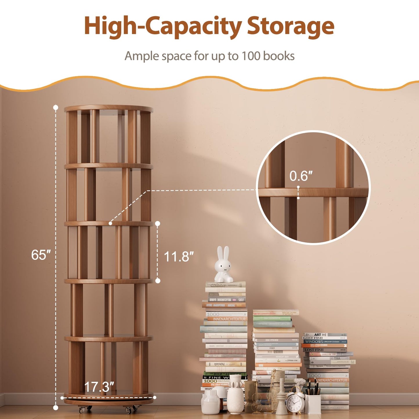 Muwuele Solid Wood Rotating Bookshelf on Wheels, 5 Tier, Round Revolving Bookcase, 360° Spinning Book Shelf Tower for Kids, Narrow Rolling Bookshelves for Small Space, Corner, Bedroom, Office, Walnut