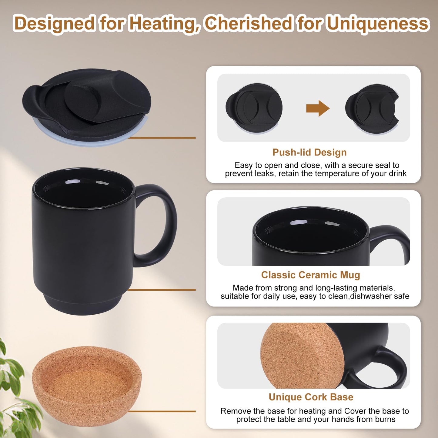 Coffee Mug Warmer & Mug Set for Desk, Electric 36W Coffee Cup Warmer with 15oz Ceramic Mug. Smart Coffee Cup Heater with Auto Shut Off/3 TEM for Heating Beverage, Candle,Coffee Lovers‘ Gifts,Black
