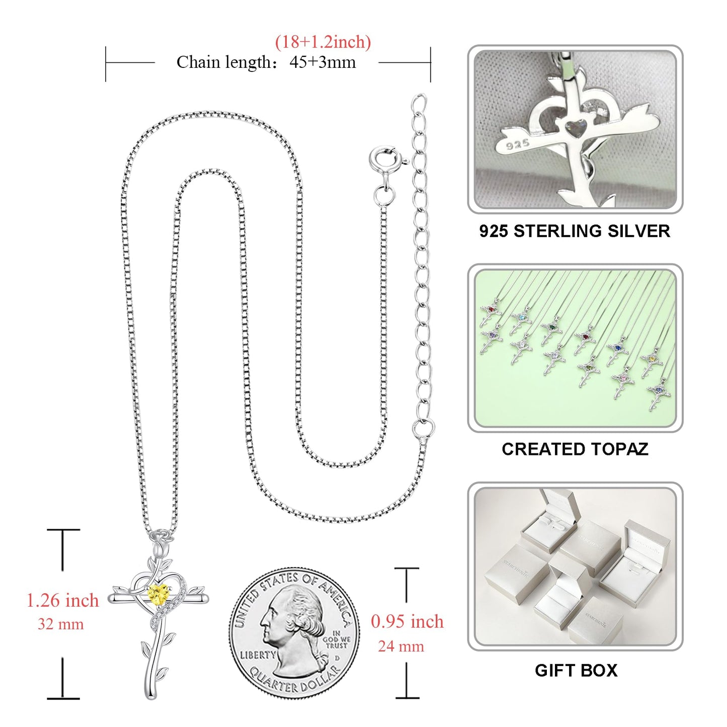 STARCHENIE Rose Cross Necklace 925 Sterling Silver Heart Crucifix Pendant Created Topaz Jewelry for Women