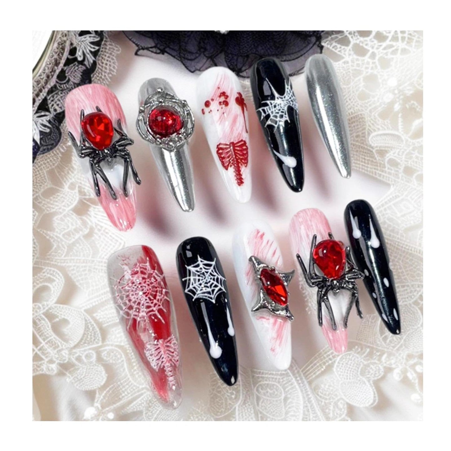 Handmade 3D Gothic Spider Web Red Rhinestone Stiletto Press On Nails, Dark Halloween Artisan Nails Set, Reusable Glossy Press-ons with Tool Kit(S)