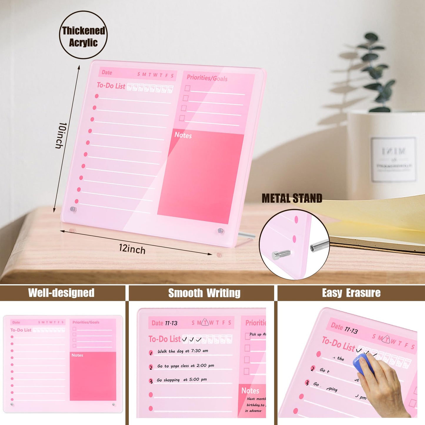 Desktop Thickened Acrylic Dry Erase Board to do List Planner Board,12"x10",Tabletop Whiteboard with Stand,Frameless Pink Dry Erase White Board,for Office/Home/School