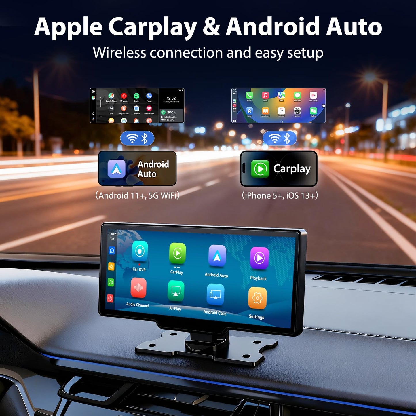 10.26" Wireless CarPlay Screen for Car: 4K Dash Cam & 1080P Backup Camera, Portable Touchscreen Car Stereo for Apple Carplay & Android Auto, GPS Navigation, Mirror Link BT FM Voice Control (ADAS)