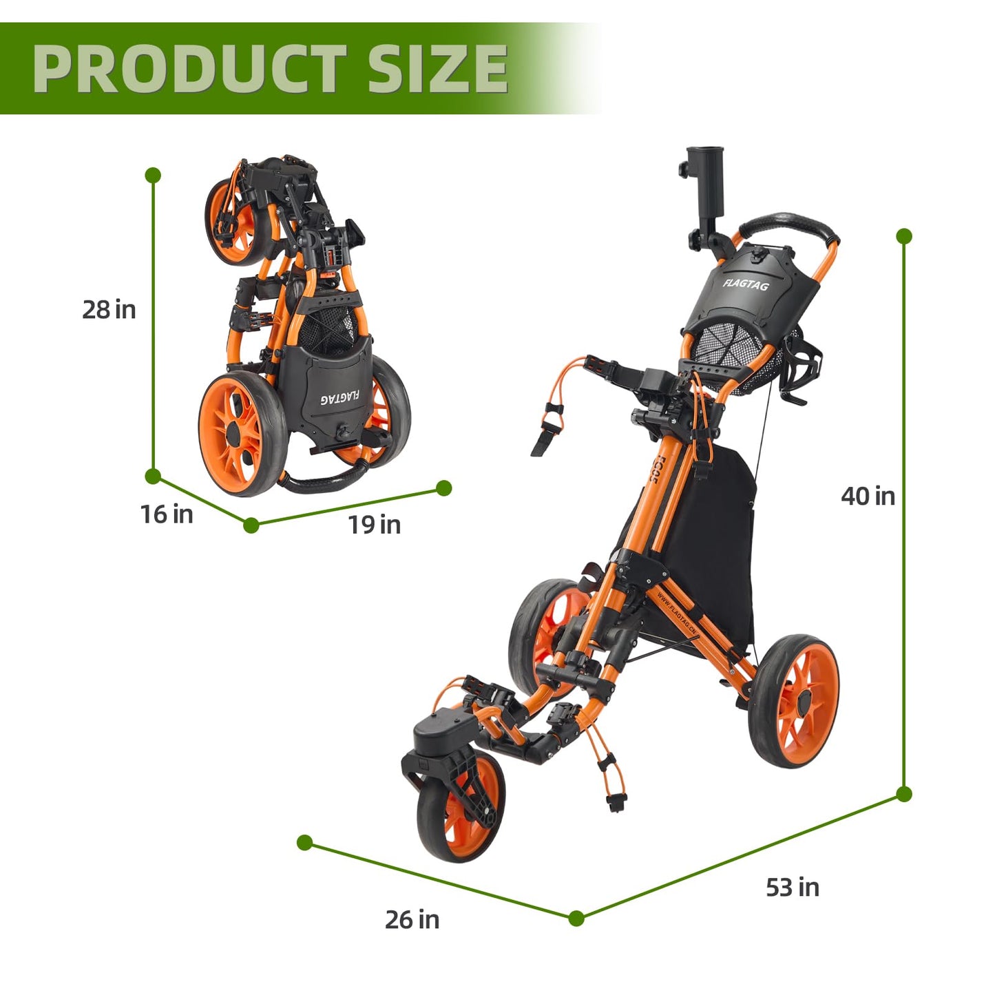 FLAGTAG Golf Push Cart 3 Wheel with 360 Swivel Front Wheel,Lightweight and Foldable Walking Golf Cart,One-Click Foldable,with Foot Brake