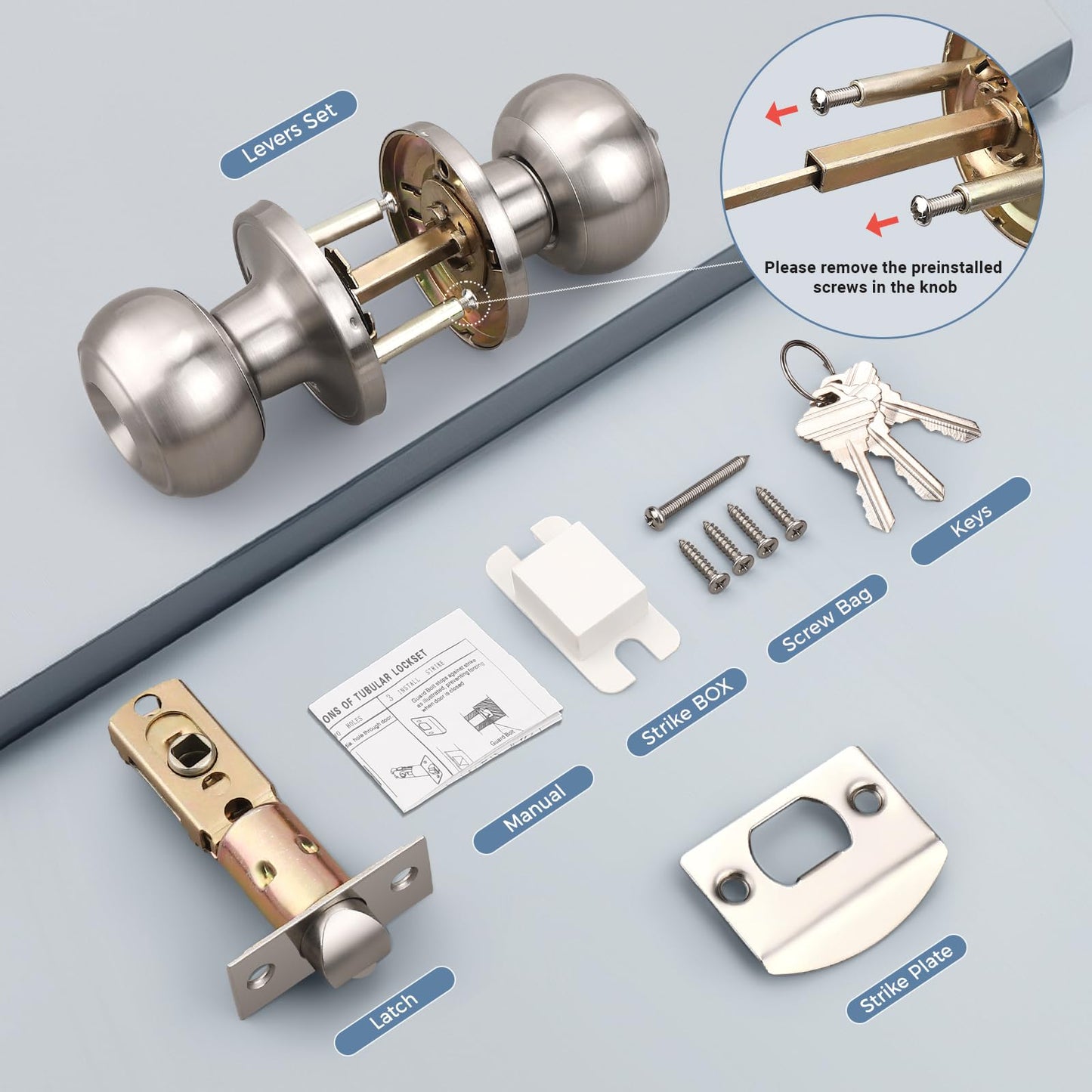 KNOBWELL 3 Pack Brushed Nickel Door Knob with Lock and Key, Keyed Alike, Exterior Keyed Door Knobs Lock with Same Keys in Solid Stainless Steel for Entrance and Front Door, Round Ball Handle