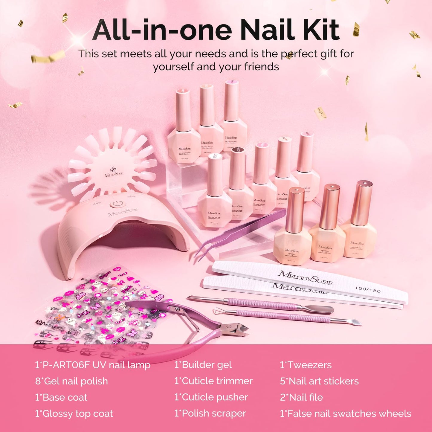 MelodySusie Gel Nail Polish Kit with UV Light P-ART06F- Popular Color Gel with Builder and Baser &Glossy Top Coat Soak Off Includes Nail Art Tools Nail Art Gift for Women & Girls