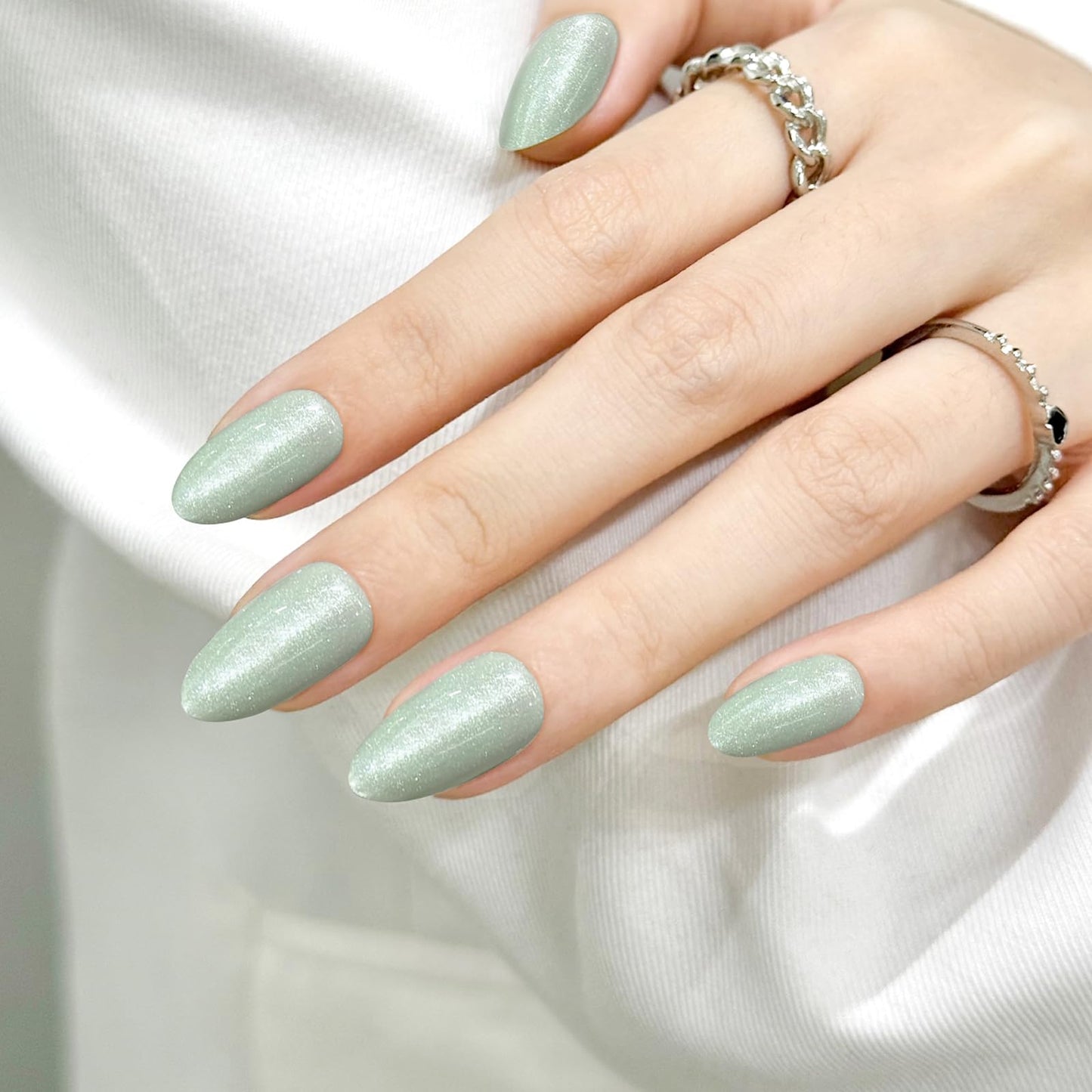 Green Almond Cat Eyes Press On Nails,12 Sizes - 24 Pcs Soft Gel Green Medium Fake Nails Kit with Nail Glue, Natural Reusable Stick On False Nails for Women and Girls SK1026