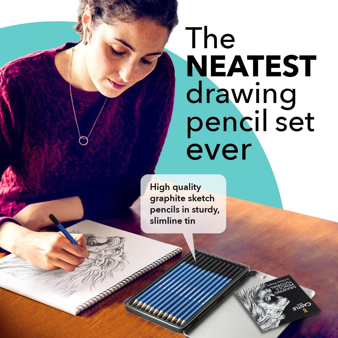 Castle Art Supplies 12 Piece Graphite Drawing Pencils Kit | for Adult Artists – Beginners and Advanced | Presented in Attractive, Compact, Sturdy Metal Case with Tutorial