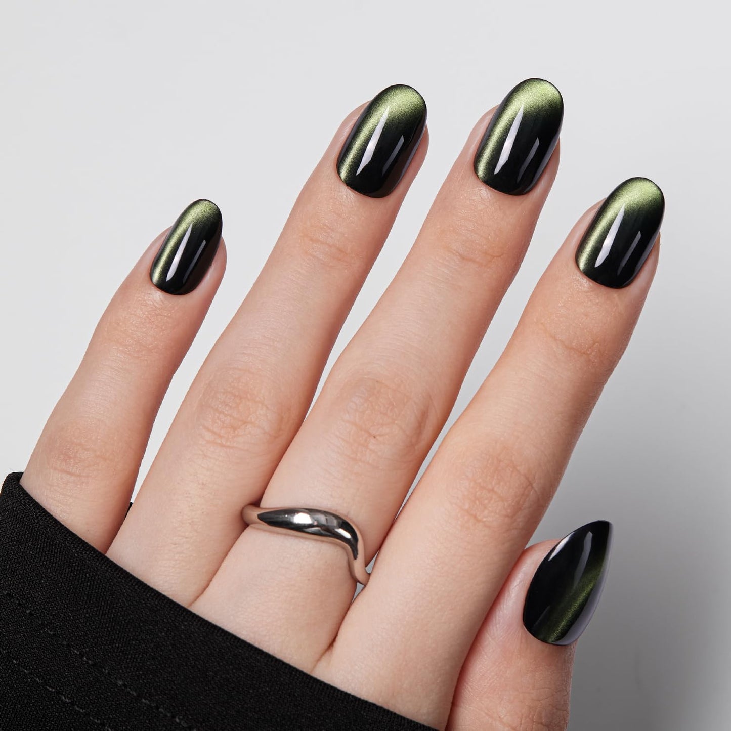 VSALON Press on Nails Short Oval - Dark Green Cat Eye Holographic Glitter Spring Fake Nails, Reusable Opaque Gel Glue on Nails with Glue & Cuticle Oil - 32 PCS Stick on Nails in 16