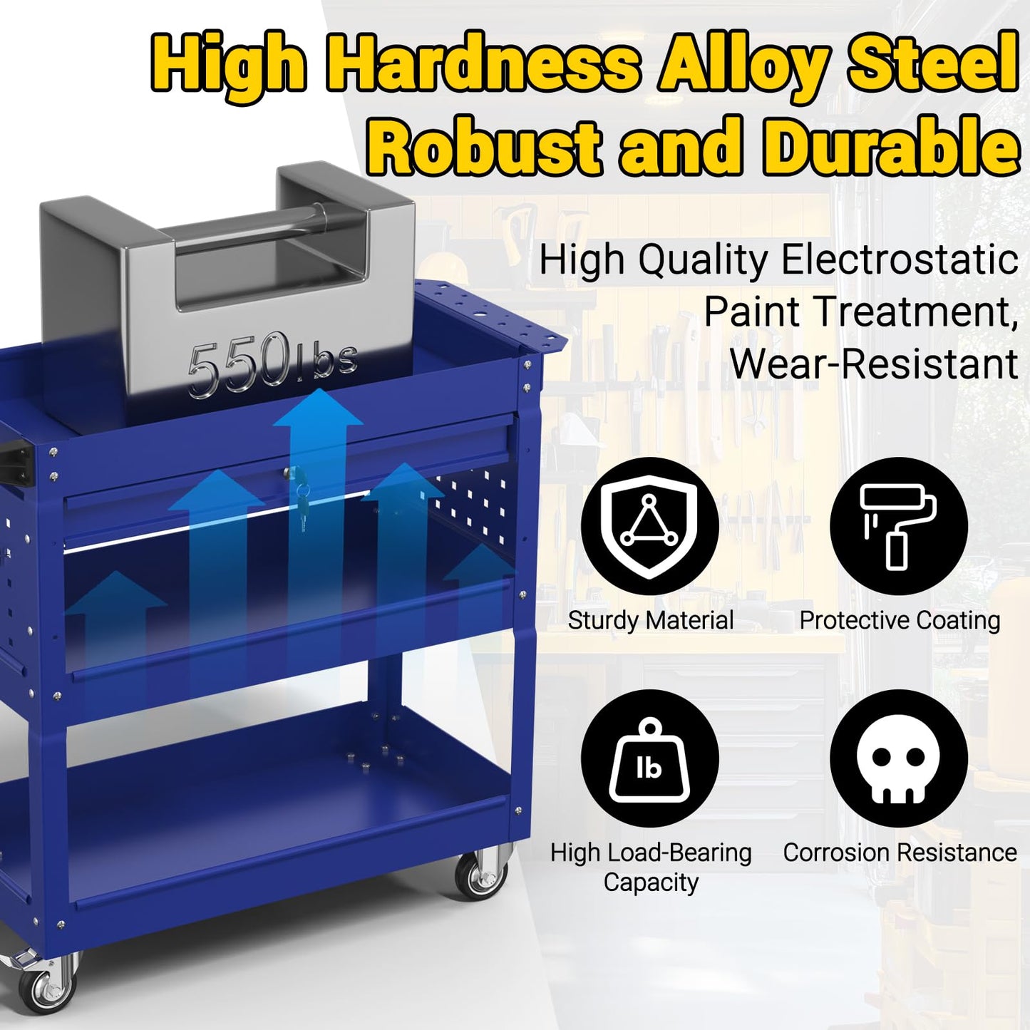 Cobinery 3 Tier Rolling Tool Cart on Wheels, 550 LBS Tool Cart with Drawers,Heavy Duty Utility Cart with Pegboard and Hook,Mechanic Tool Storage Cart for Garage, Warehouse and Repair Shop(Dark Blue)