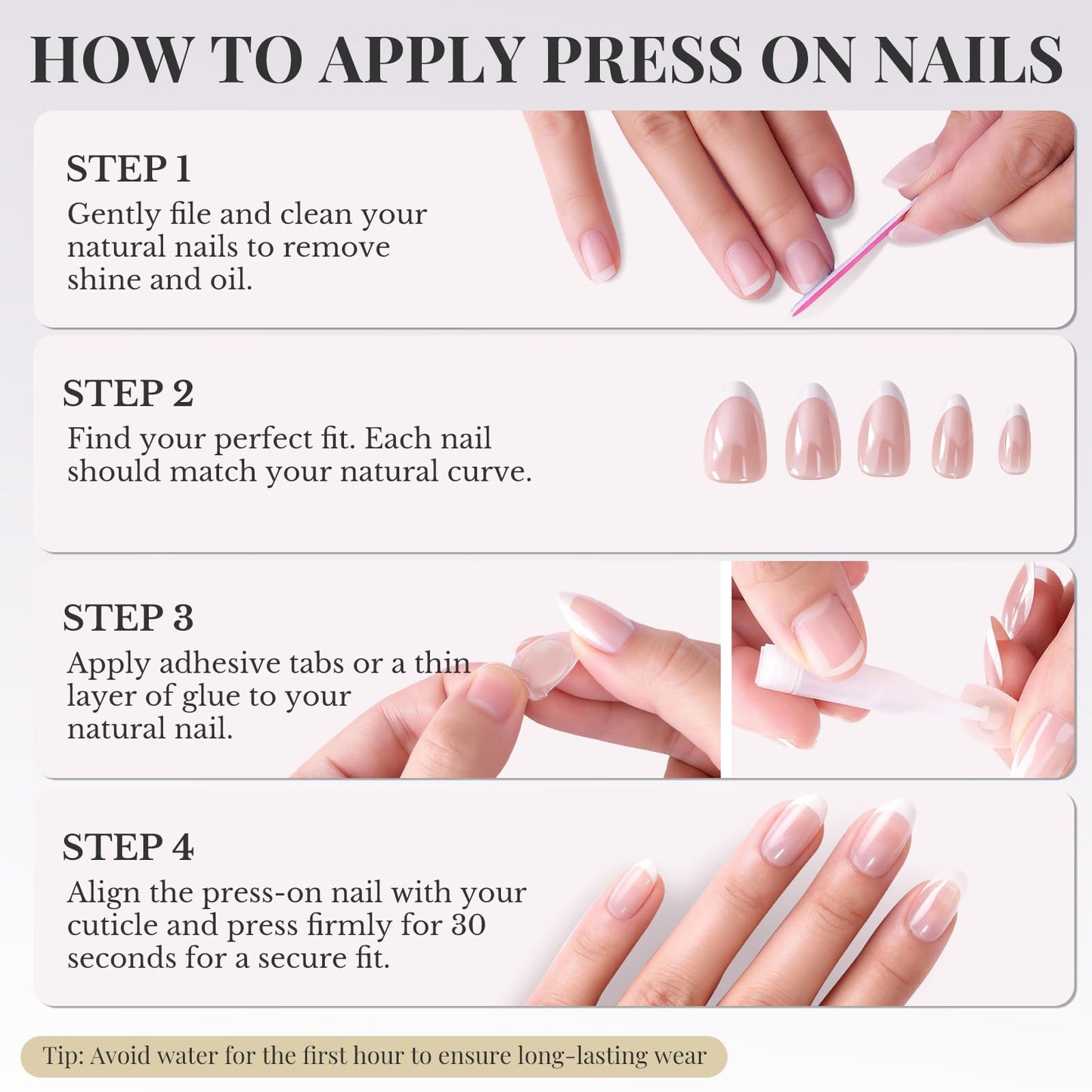 French Tip Press On Nails Acrylic - Short Almond Fake Nails Press ons, Reusable Glossy 30 Nail Kit with Glue, Adhesive Tabs, File, Manicure Stick, Prep Pad for Salon Quality or Fall Style