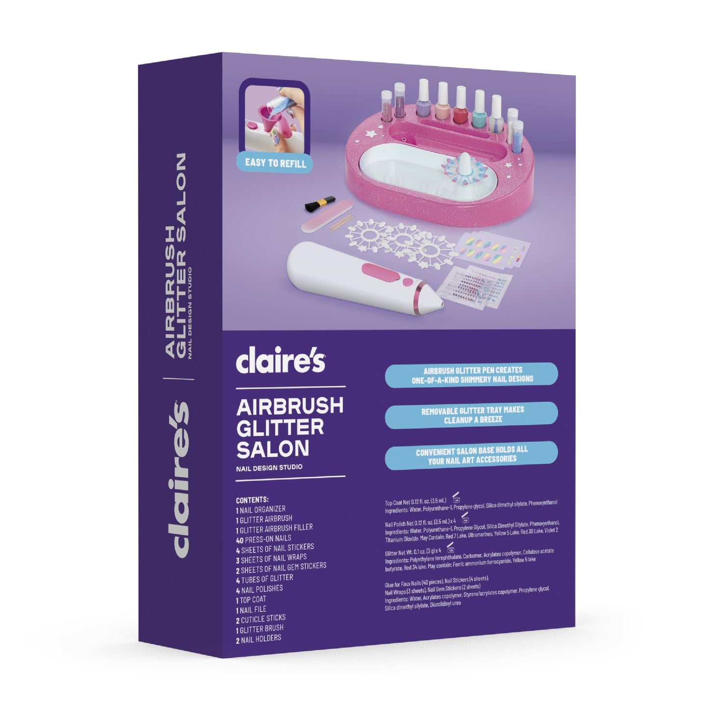 Claire's Kids Nail Art Kit, 67-Piece Airbrush Glitter Salon Nail Charms & Accessories Set, Polish, Press-On Nails, Stickers, Wraps, Girl Toys & Beauty Activity, Manicure Fashion Gift for Girls Age 8+