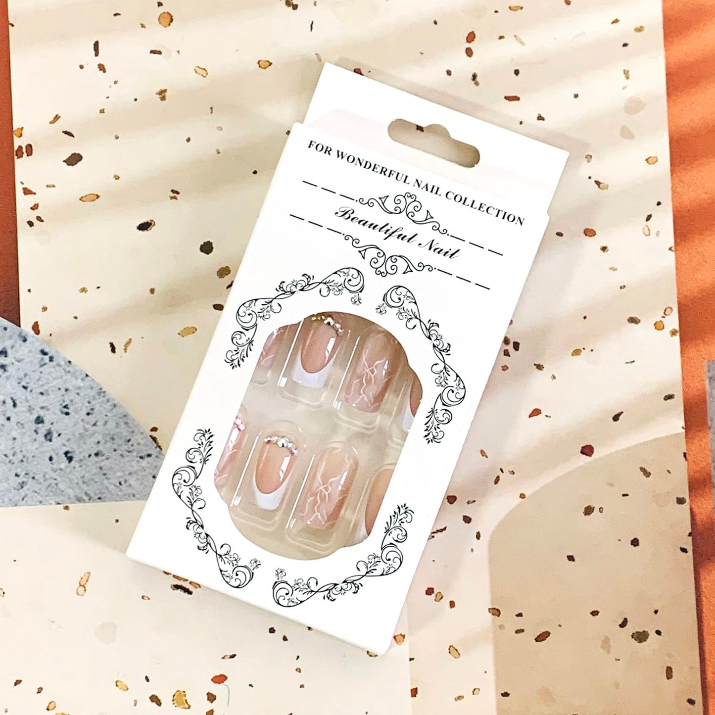 Vezocim French Artificial Fake Square Nails, 24Pcs Nude Press on Nails Medium Coffin with Rhinestone Designs, Glossy Full Cover Acrylic False Nail, Glue Fake Fingernails with Charm for Women