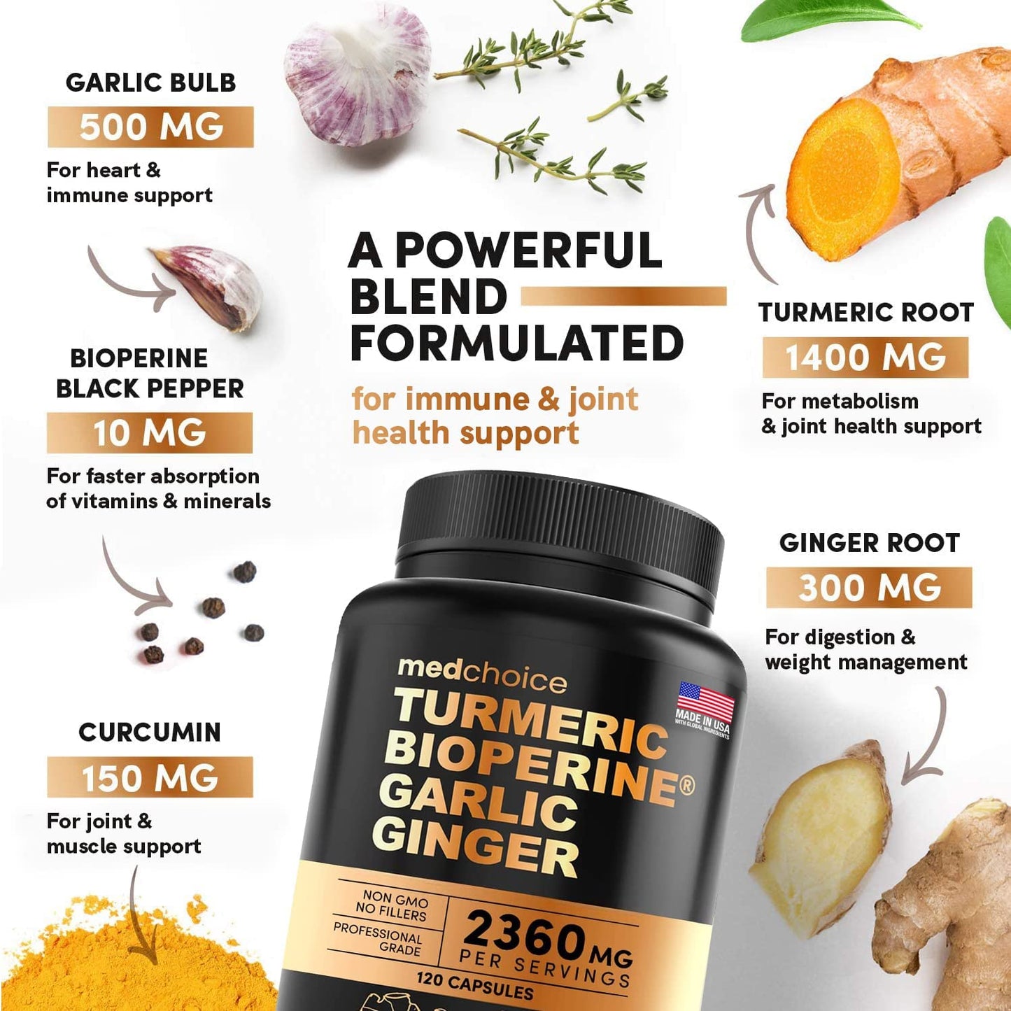 MEDCHOICE Turmeric & Ginger (120ct), Sleep Melatonin (180ct), and Nootropic Brain (120ct) Supplement Bundle - Wellness Trio for Brain, Sleep, & Immune Support - Vegan, Non-GMO, Gluten-Free