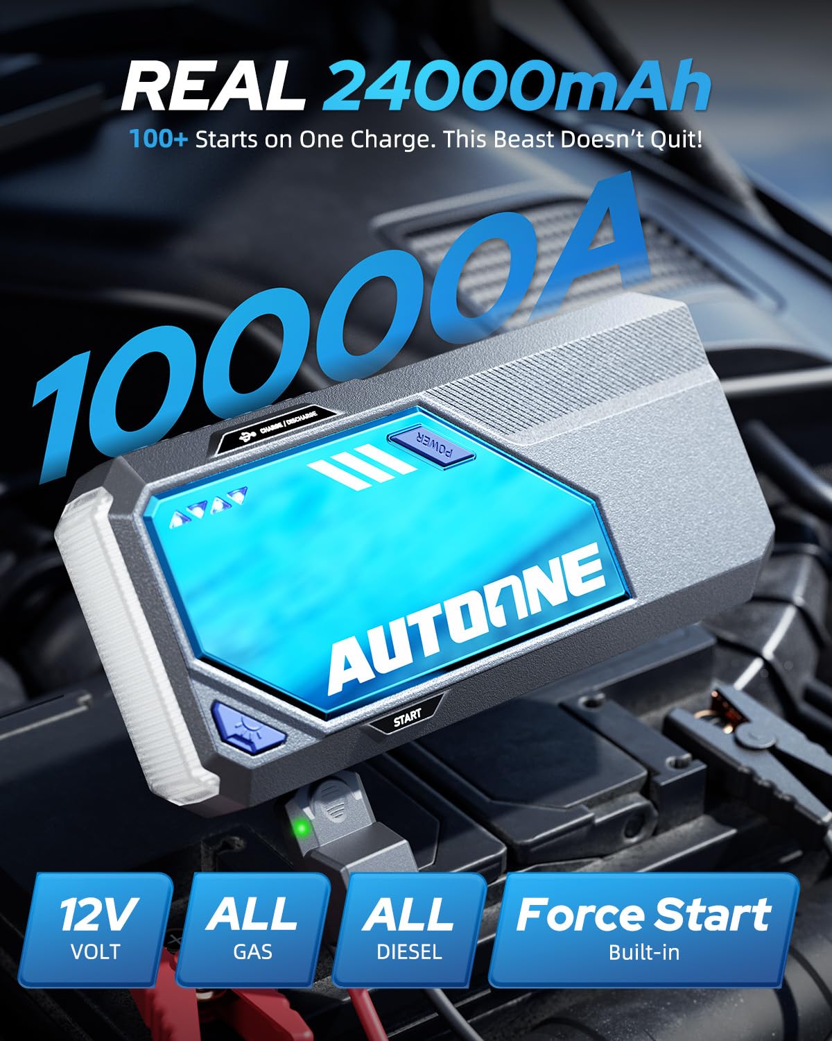 AUTOONE 10000A Car Jump Starter 12V Car Battery Jumper Starter Portable (All Gas/All Diesel) 168W DC Jump Box for Car Battery with Built-in Booster, Type-C Fast Charge & Jumper Cables Jump Pack