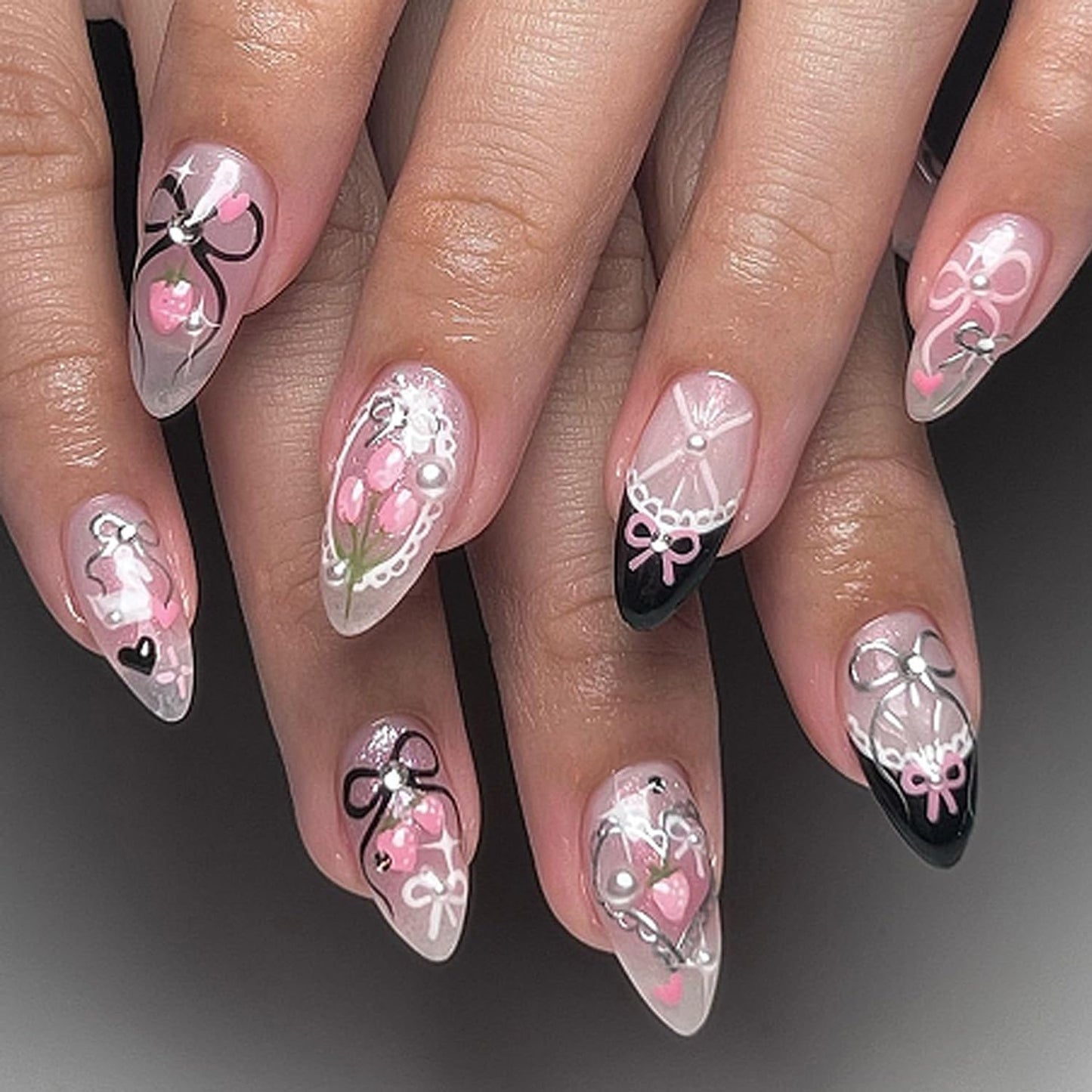 Pink Tulip Flower Press on Nails Short Almond Fake Nails Cute Bow False Nails with 3D Rhinestone Pearl Charms Designs Acrylic Nails Lovely Rabbit Stick on Nails for Women Nails Decor Supplies 24Pcs