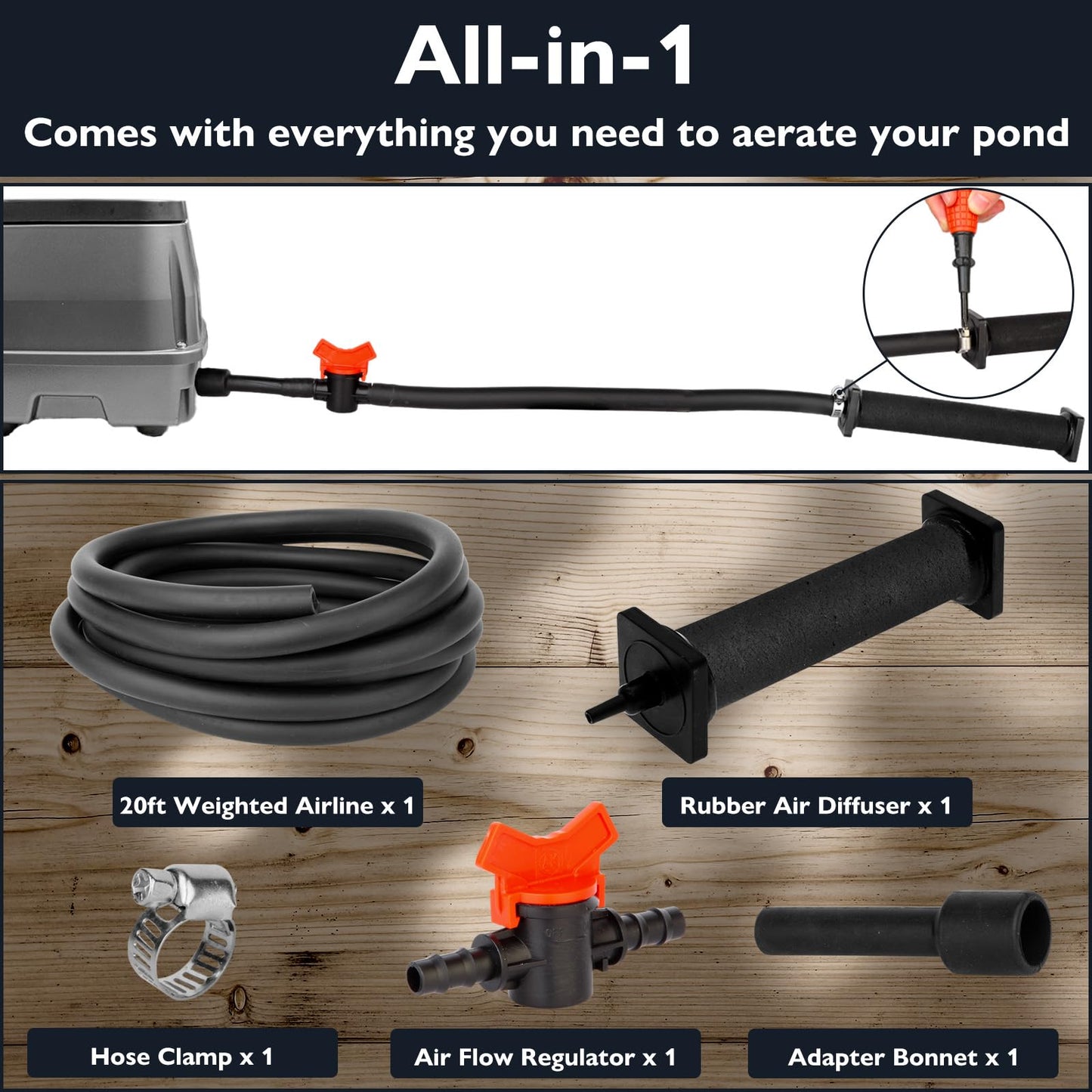 AquaMiracle Koi Pond Aerator Pond Air Pump for Outdoor Ponds 2000-5000 Gallons, All-in-One Pond Aeration Kit with Self-sinking Airline Flow Control Rubber Air Diffuser
